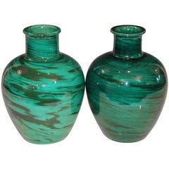 Bitossi MCM Raymor Vintage Italian Pottery Marbled Green Marbleized Vases, Pair