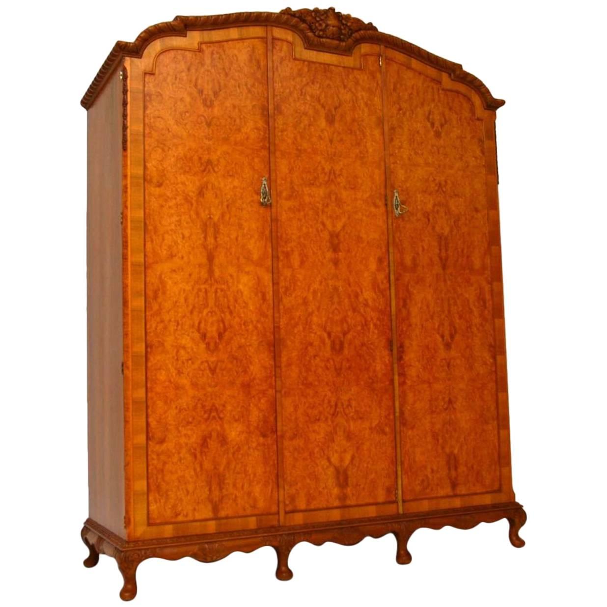 Antique Three-Door Burr Walnut Wardrobe
