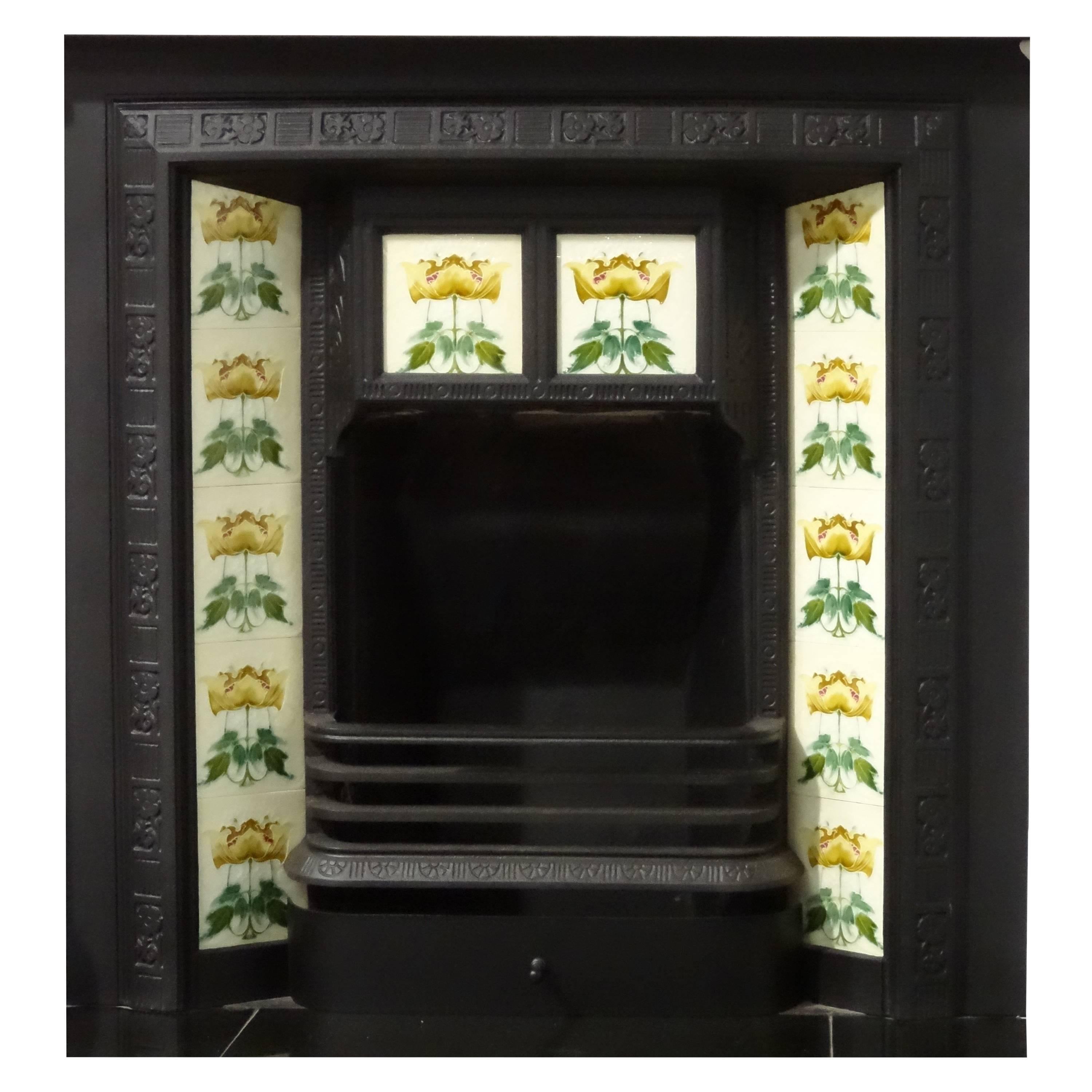 19th Century Cast Iron Fireplace Insert Grate with Antique Tiles For Sale