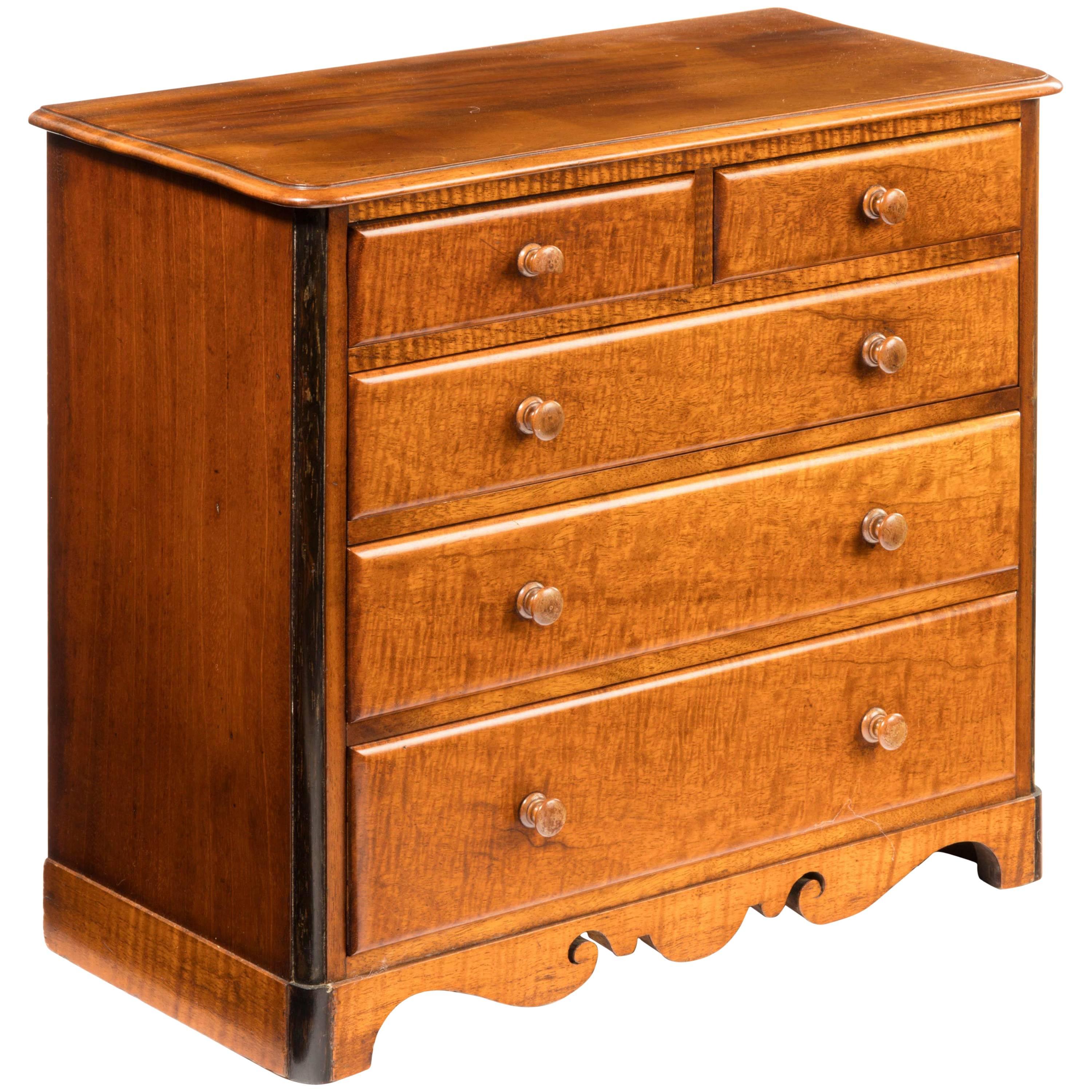Victorian Period Satin Fiddleback Miniature Chest of Drawers For Sale