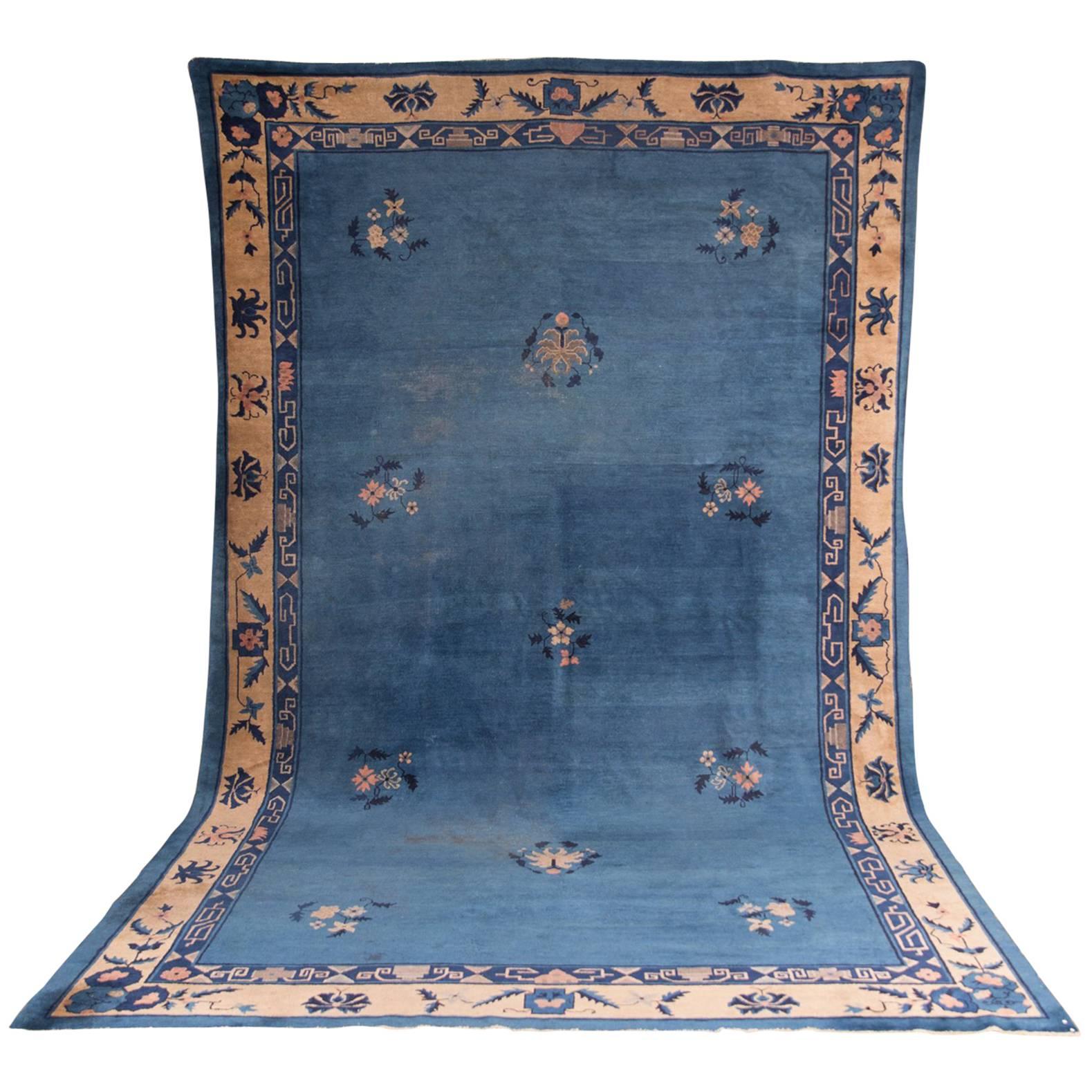 19th Century Large Antique Chinese Carpet Rug in Blue