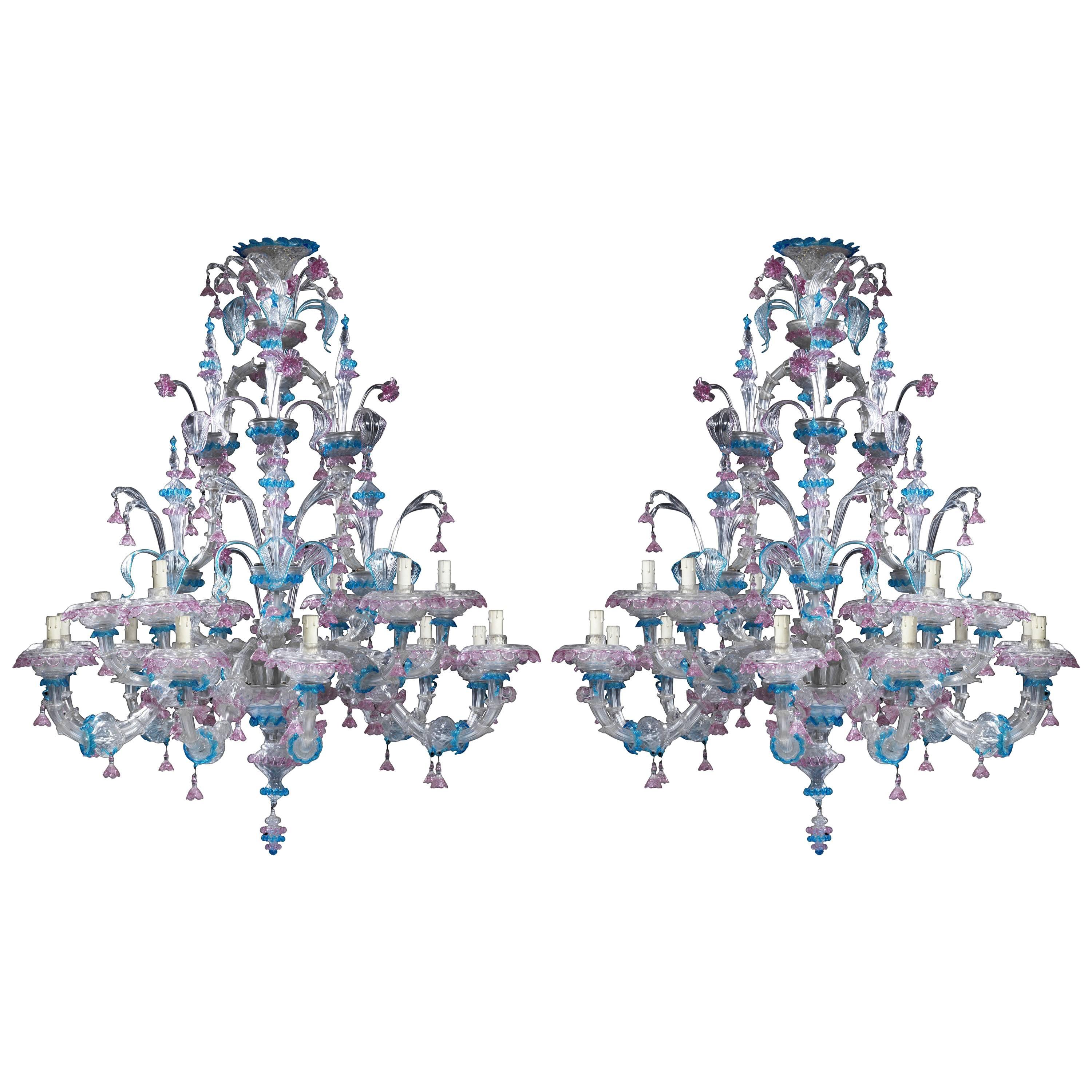 Pair of Venetian Clear, Pink and Blue Colored Glass Fifteen-Light Chandeliers For Sale