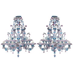 Pair of Venetian Clear, Pink and Blue Colored Glass Fifteen-Light Chandeliers