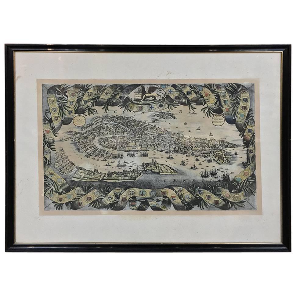 Antique Framed Lithograph Map of Venice