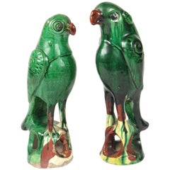 Two Antique Chinese Green Glazed Pottery Parrots