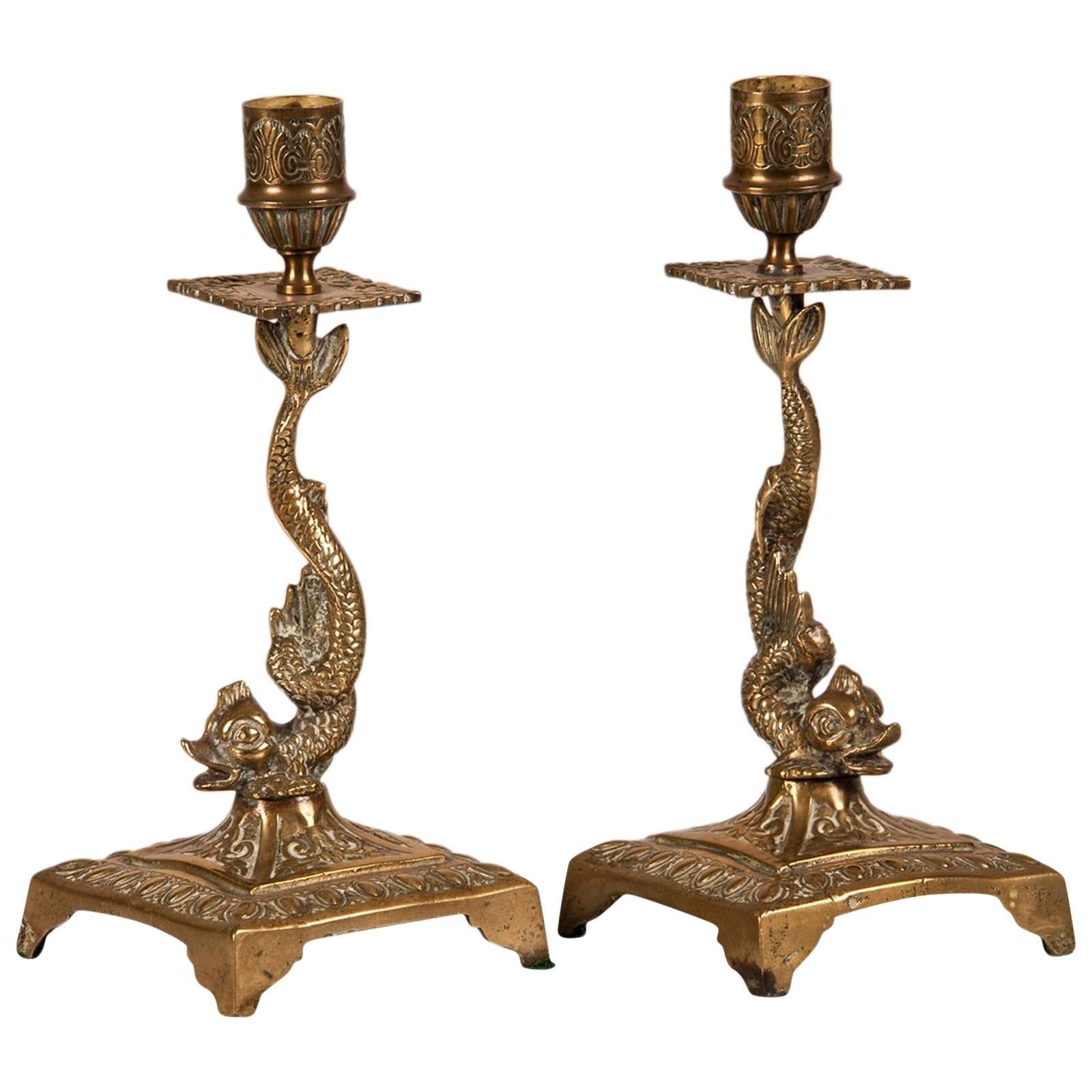 Pair of Antique French Dolphin Brass Candlesticks, circa 1875