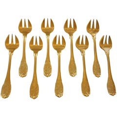 Elysee Puiforcat French Sterling Silver Vermeil Gold Set of Nine Oyster Forks