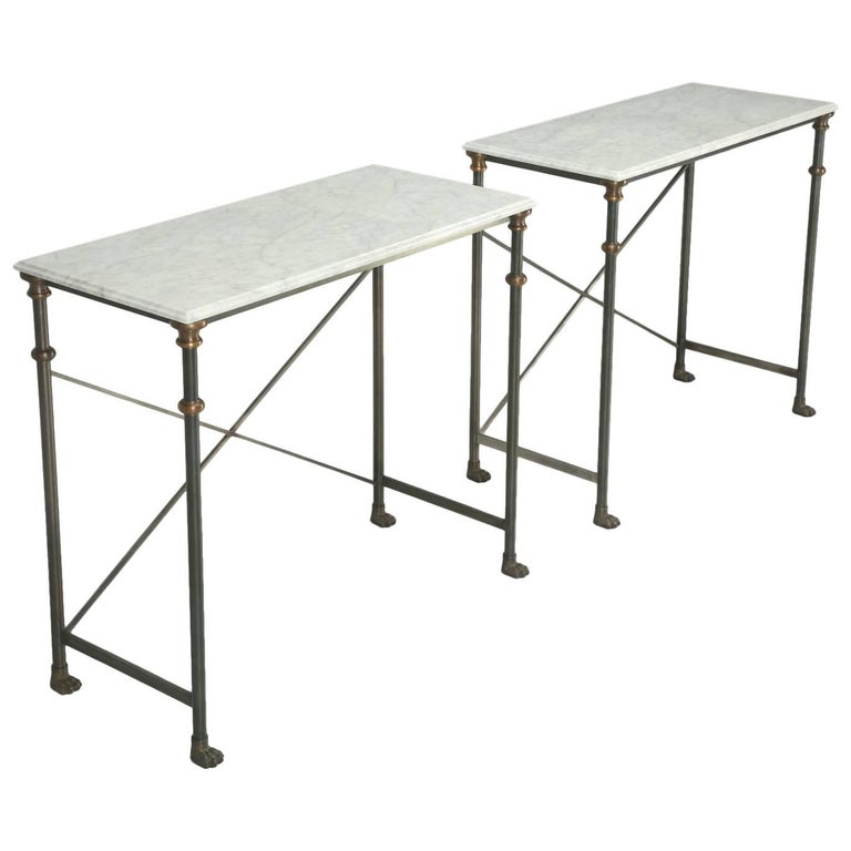 Old Plank Stainless Steel, Bronze and Carrera Marble Console Tables in Any Size For Sale