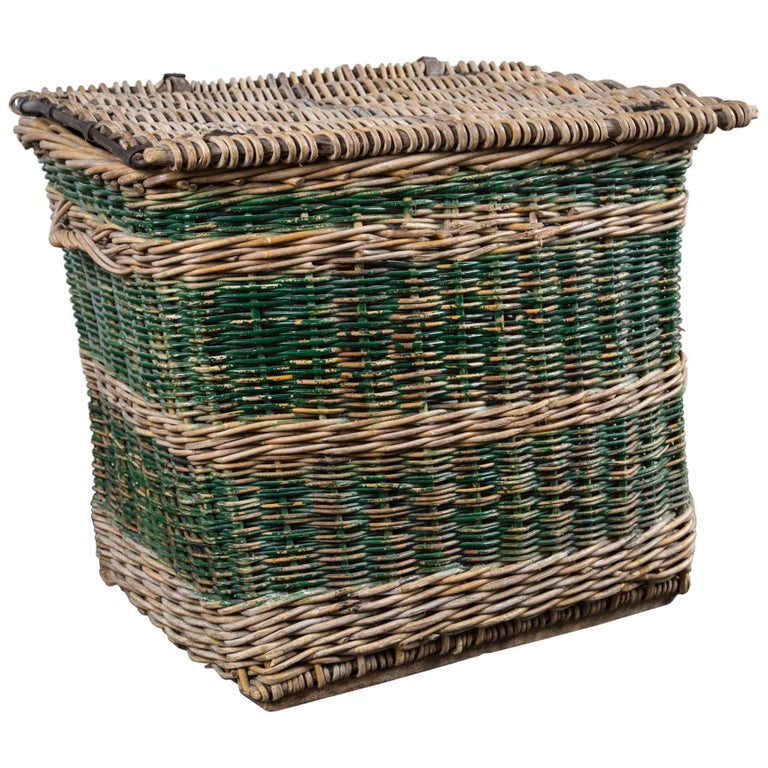 French Woven Rattan Lidded Basket with Handles, circa 1920s at 1stDibs