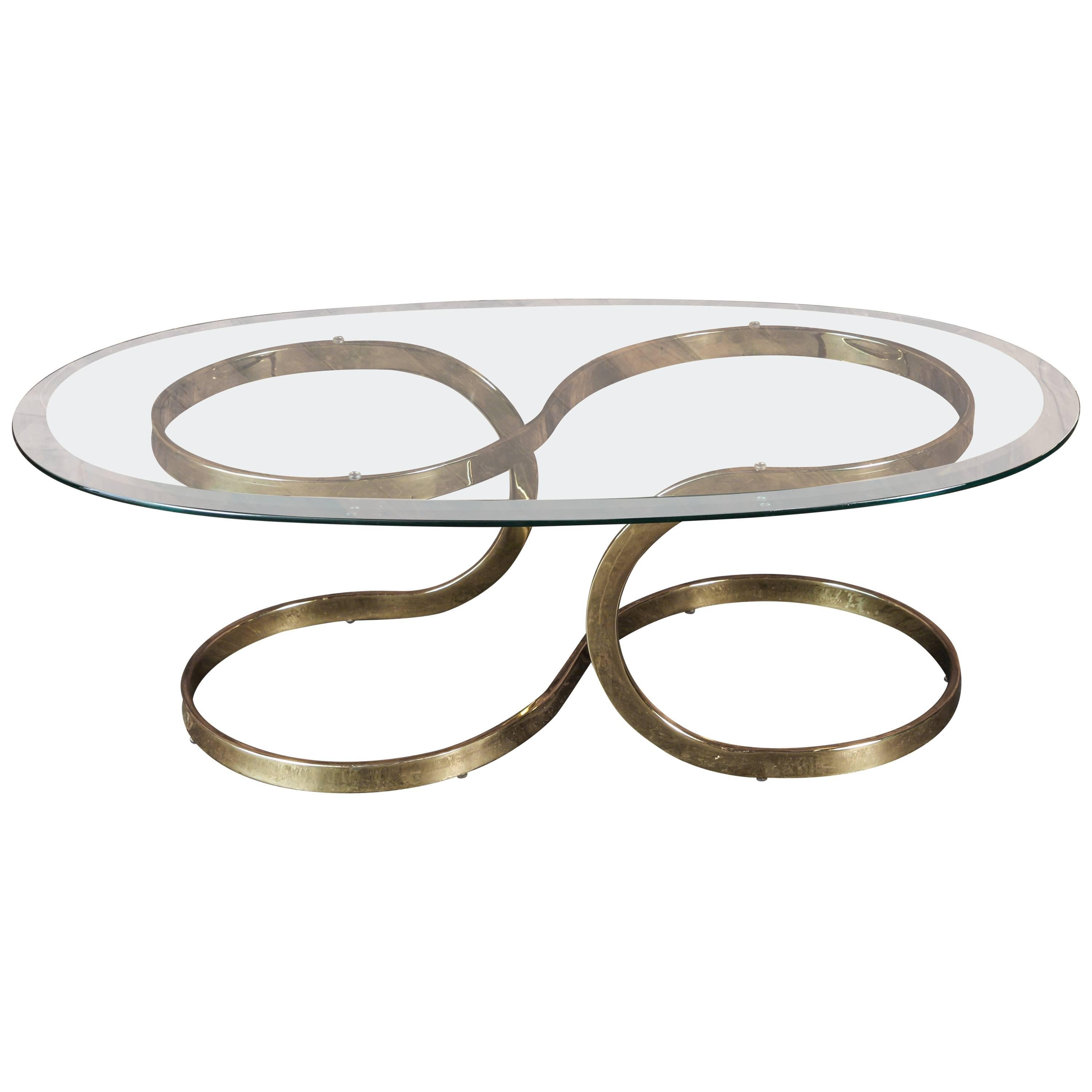 Vintage Brass Ribbon Coffee Table with Glass Top