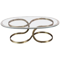 Vintage Brass Ribbon Coffee Table with Glass Top