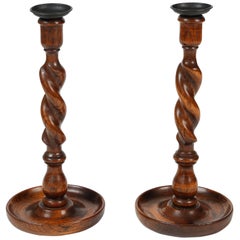 Pair of Antique Twisted Turned Wood Candlesticks