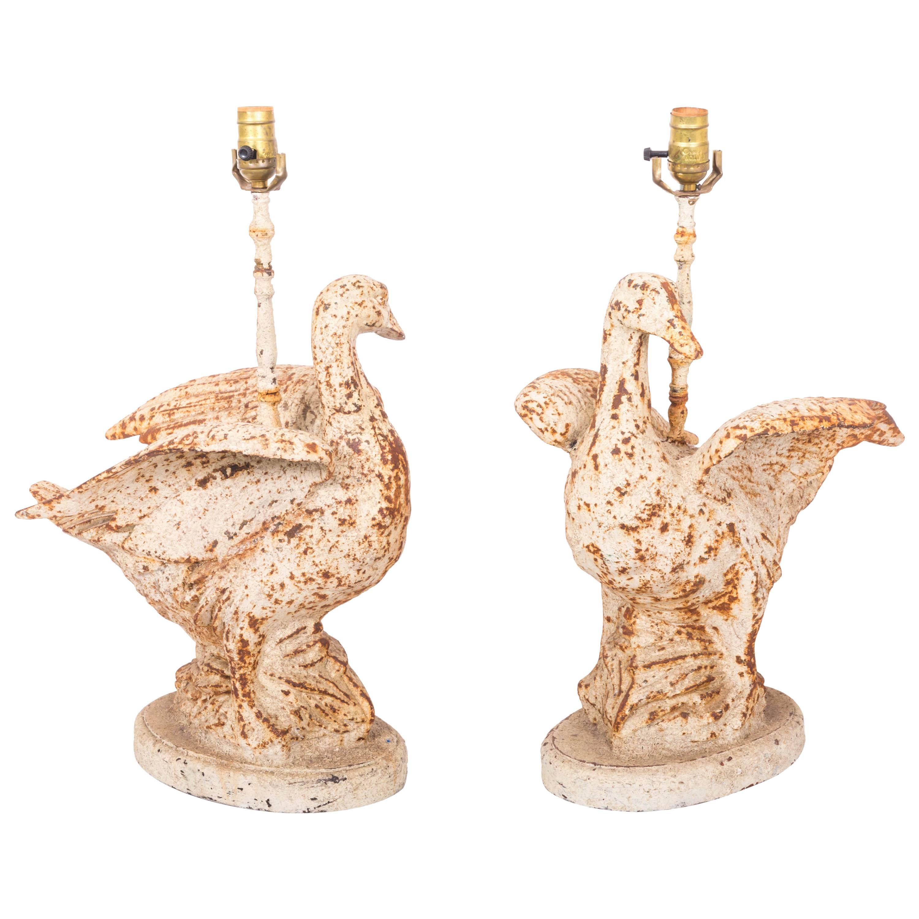 Pair of Cast Iron Duck Lamps For Sale