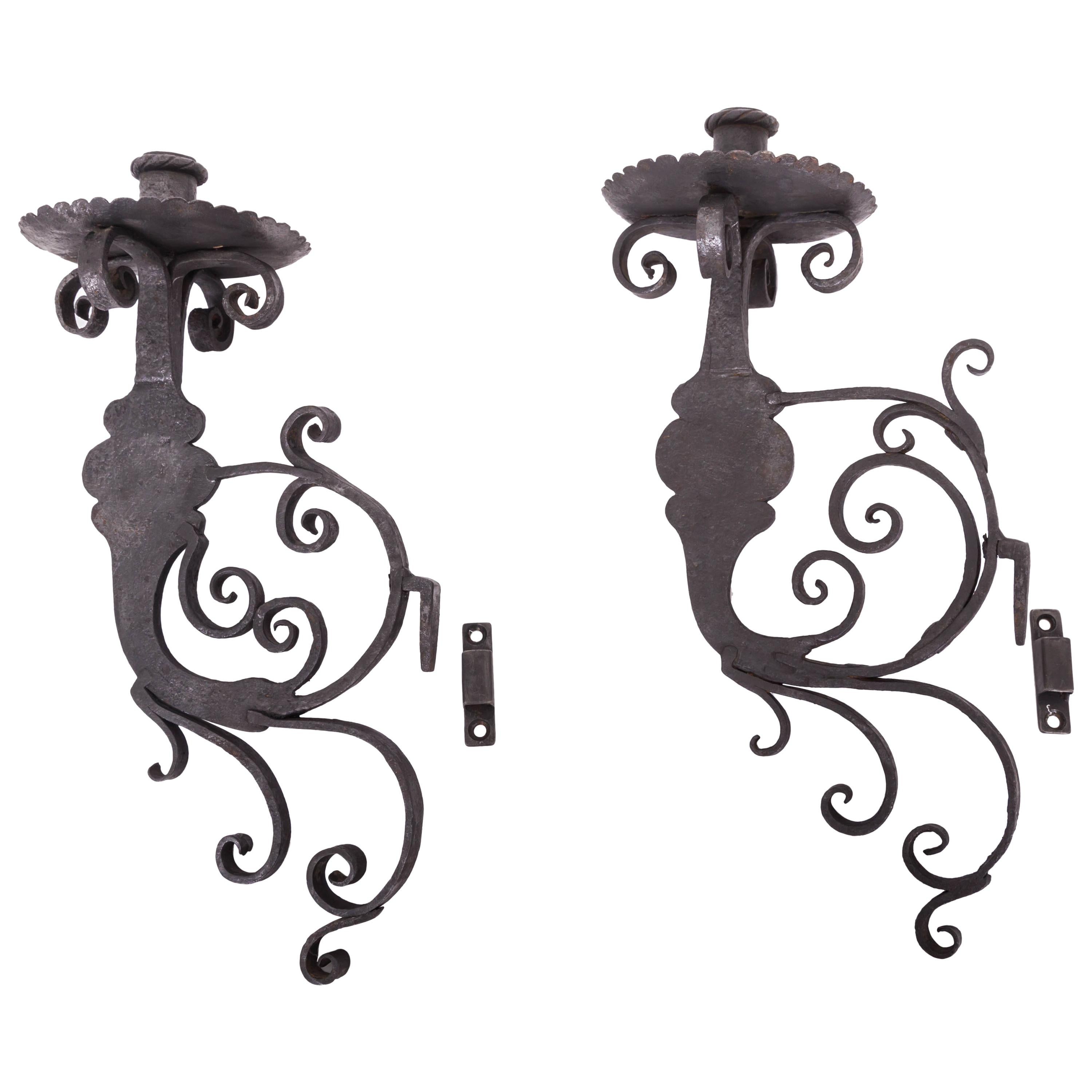 Pair of 17th Century European Hand-Forged Iron Wall Candle Sconces