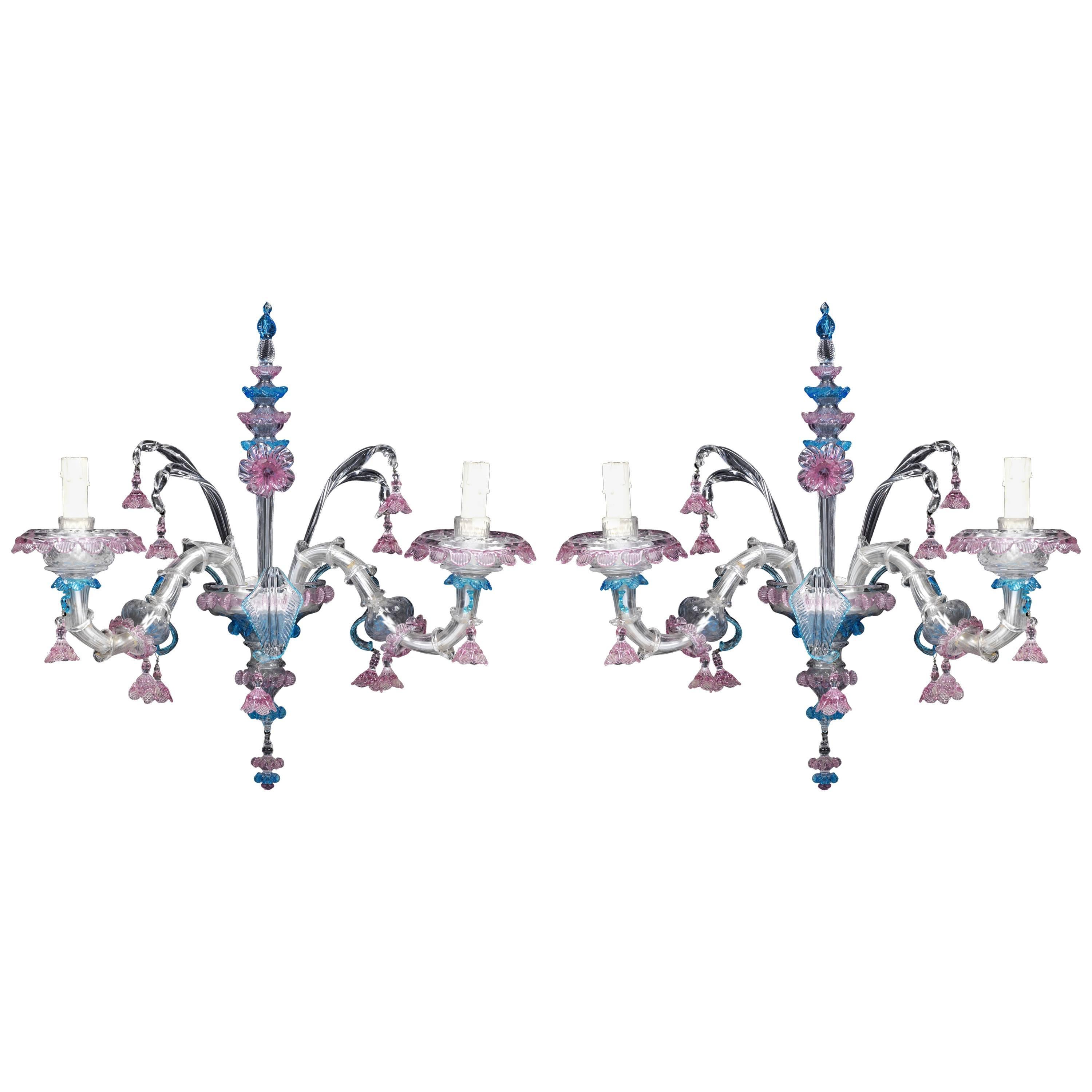 Pair of Venetian Clear, Pink and Blue Colored Glass Twin Branch Wall Light For Sale