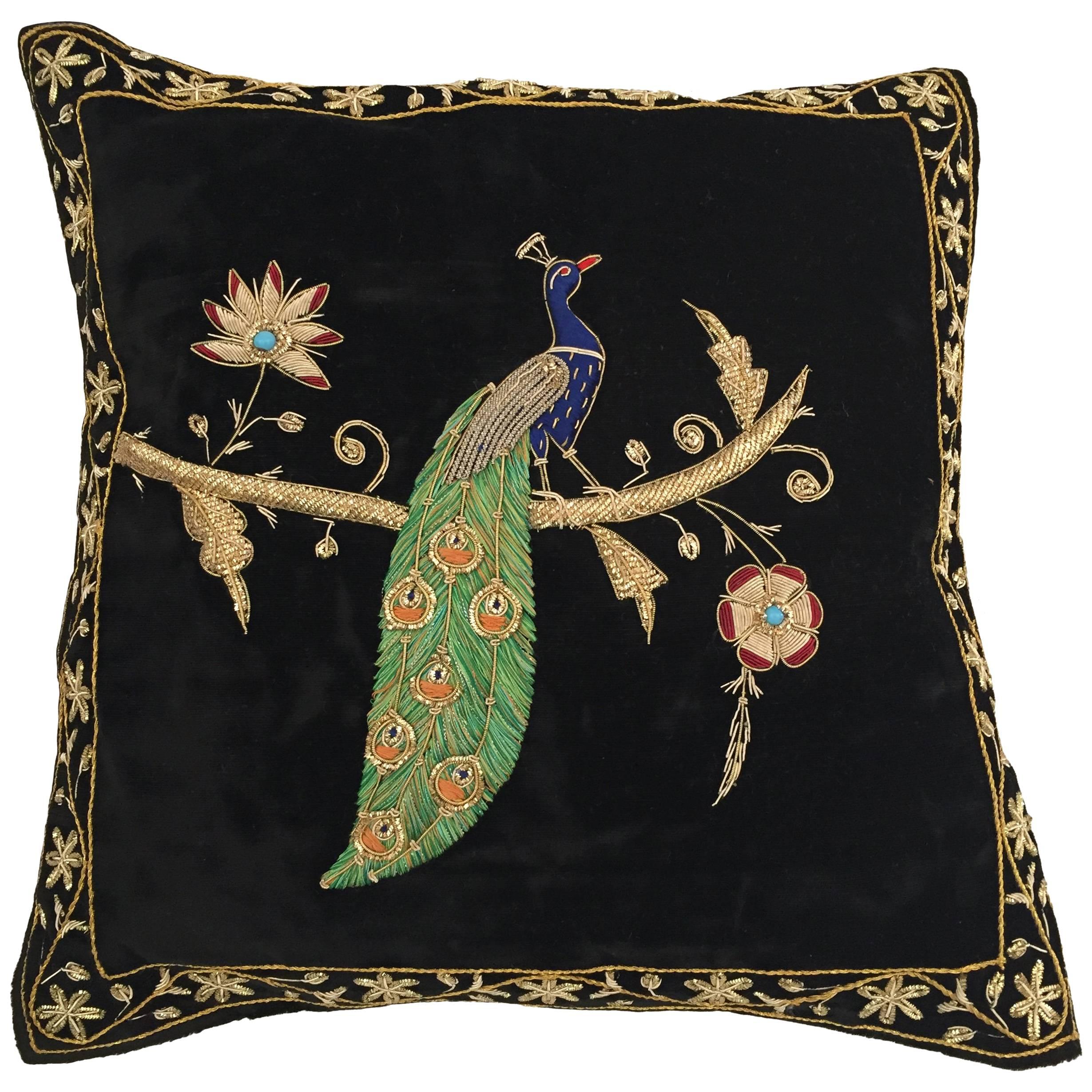 Velvet Black Silk Throw Pillow Embroidered with Gold Peacock Design