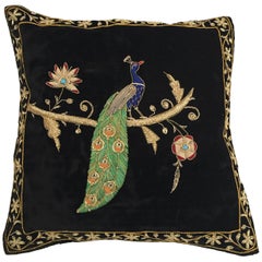 Velvet Black Silk Throw Pillow Embroidered with Gold Peacock Design