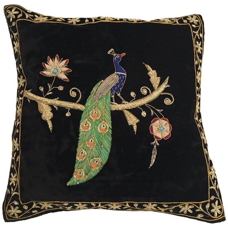 Velvet Black Silk Throw Pillow Embroidered with Gold Peacock Design at
