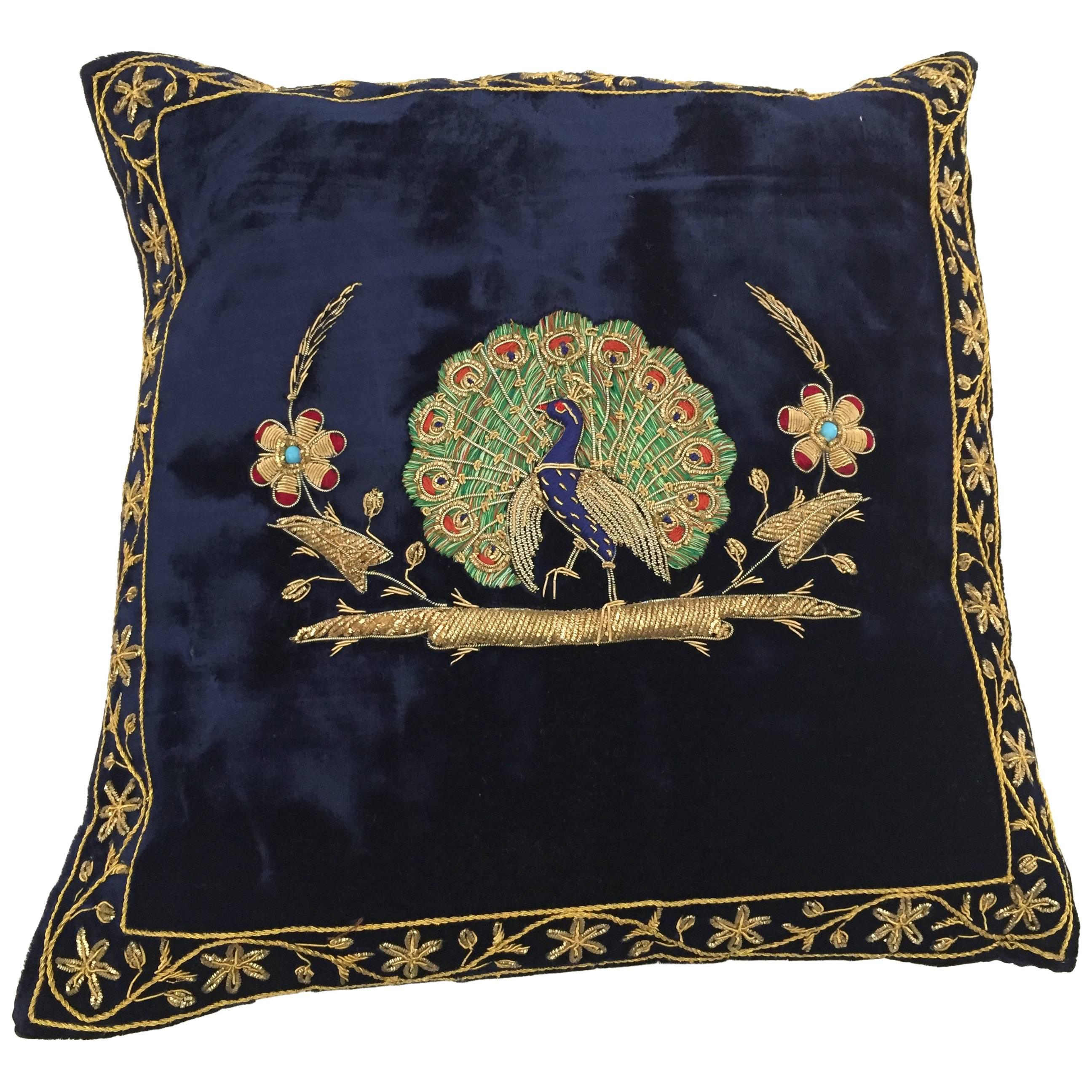 Velvet Blue Silk Pillow Embroidered with Gold Peacock