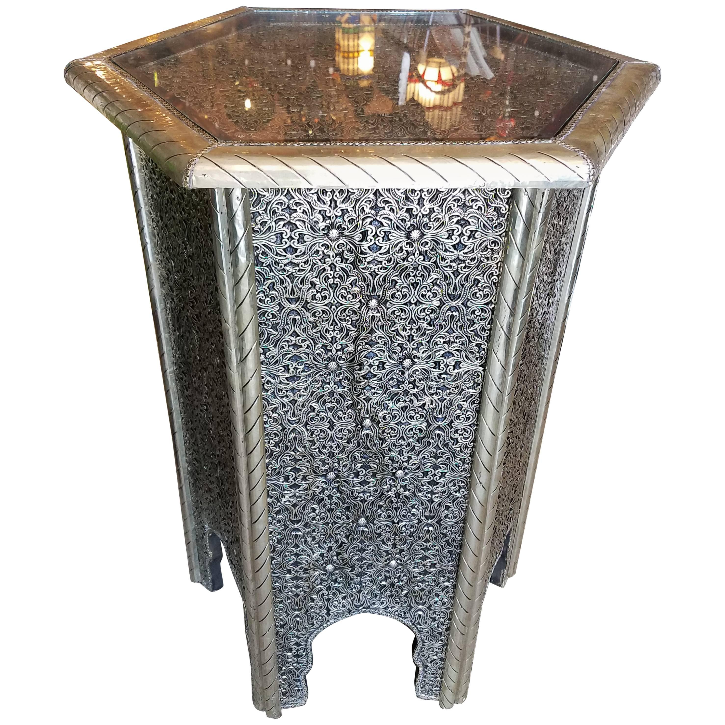 Moroccan Metal Inlaid Side Table High Top For Sale