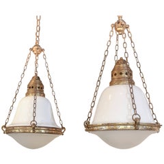 Antique Brass and White Glass Pendant Fixture