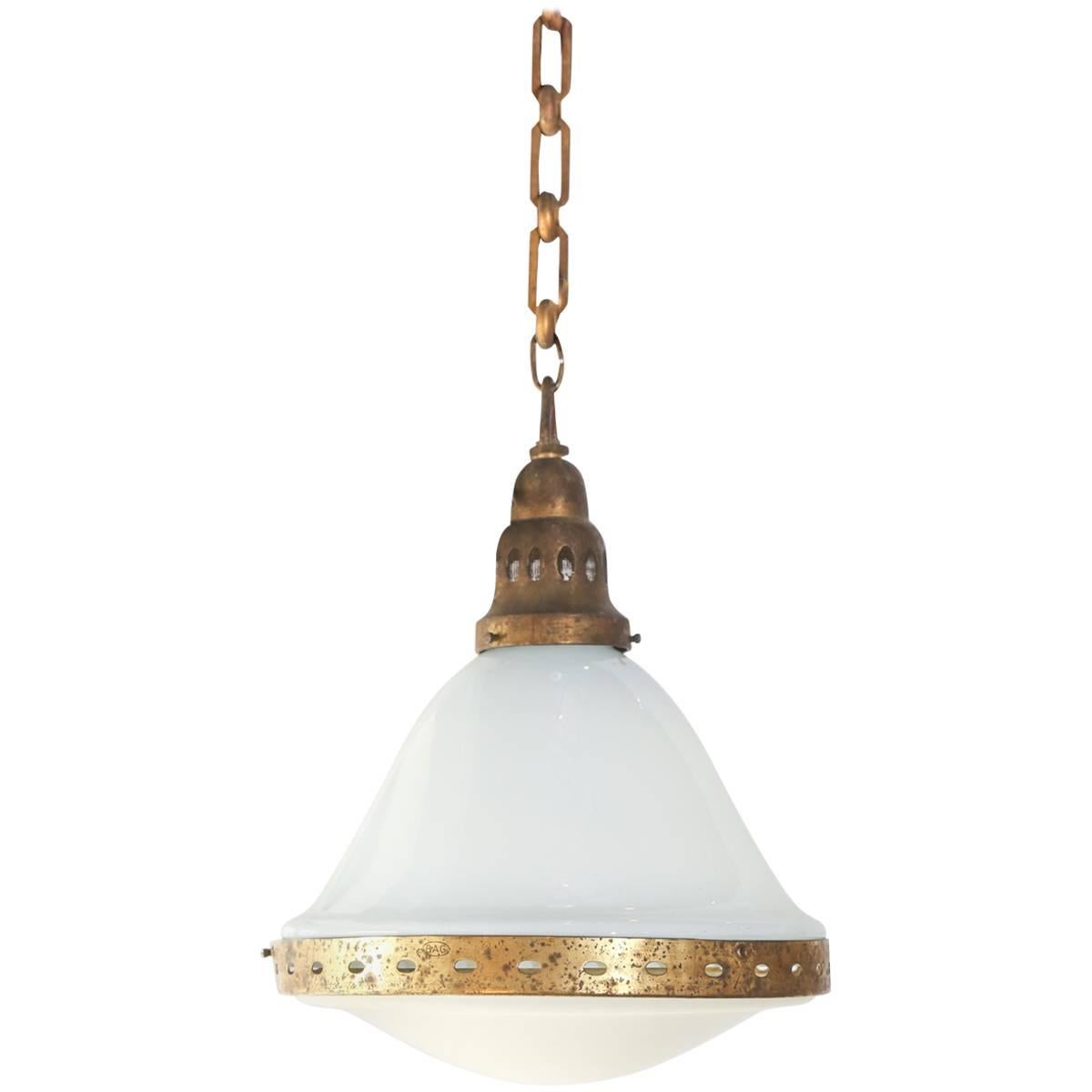 Antique French Brass and White Glass Pendant