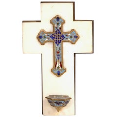 19th Century French White Marble Cross and Holy Water with Cloisonné Technique