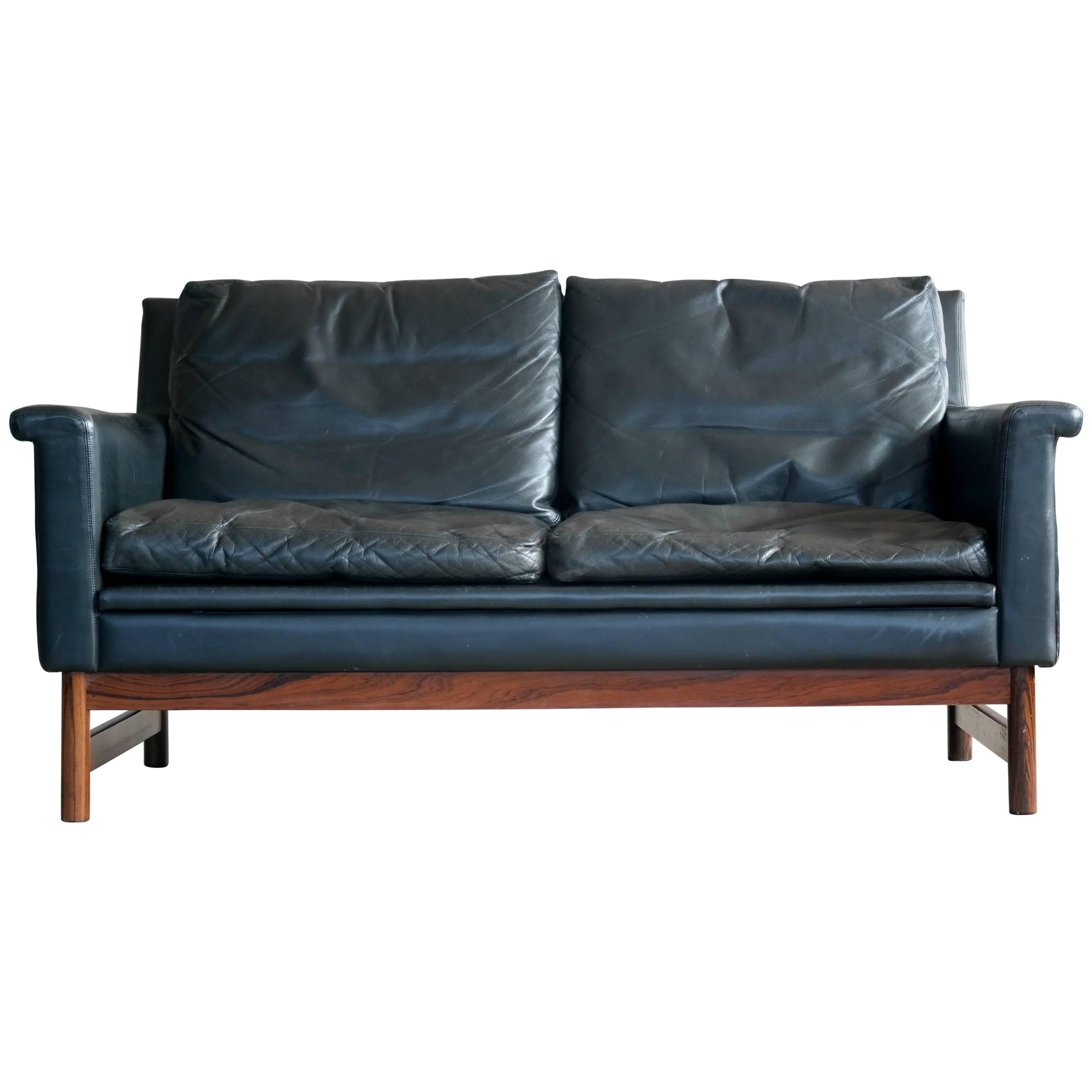 Love Seat in Black Leather and Rosewood by Scapa of Sweden