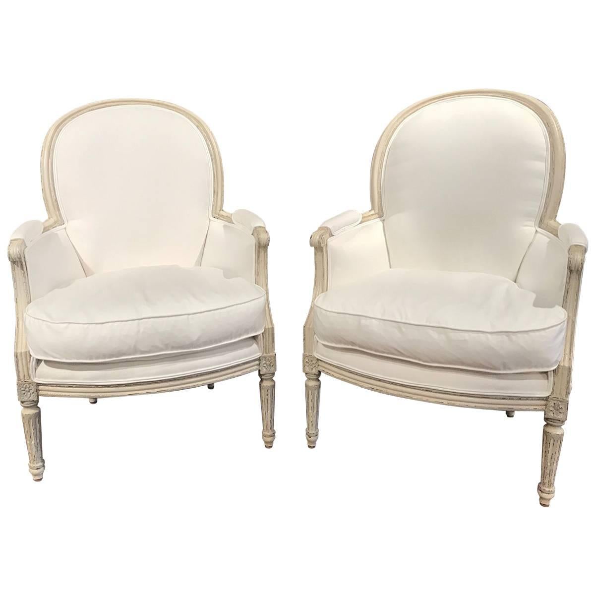 Pair of 19th Century French Louis XVI Carved Painted Bergère Armchairs