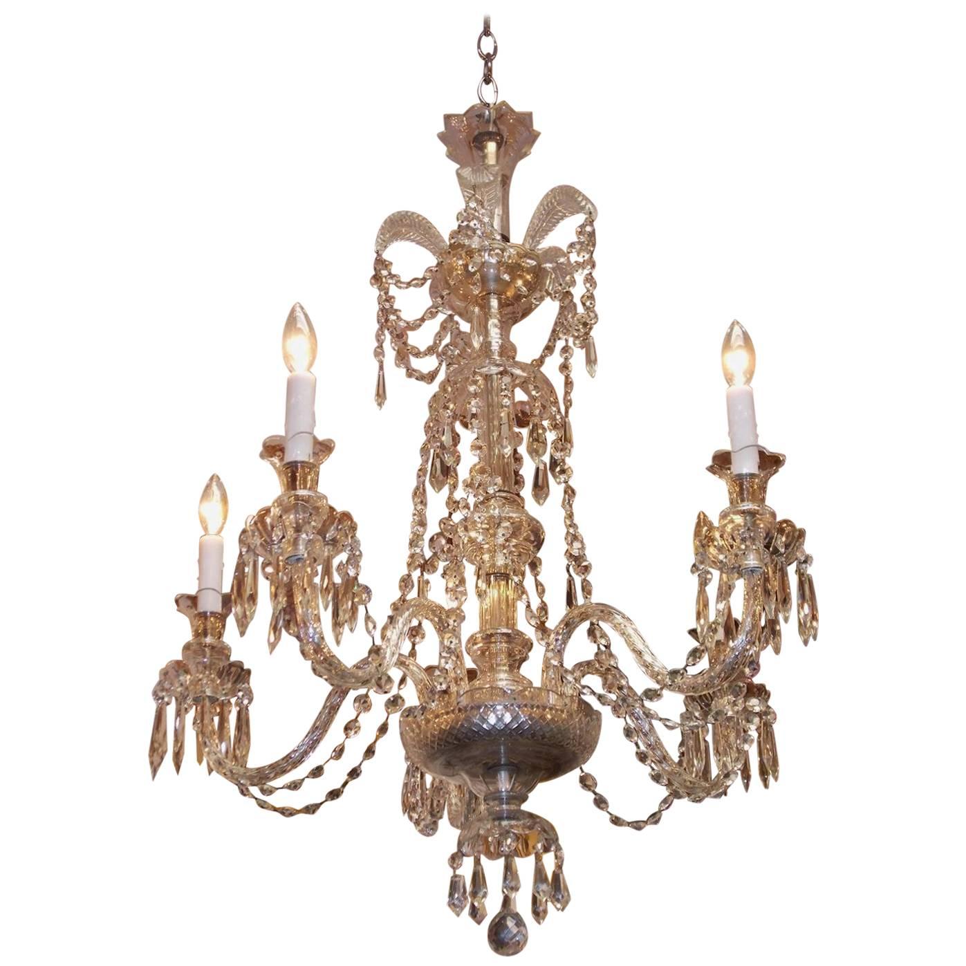 Anglo-Irish Cut Crystal Decorative Feather Five-Arm Chandelier, Circa 1840