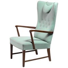 Danish High Back Lounge Chair with Mint Green Wool Upholstery, 1940s