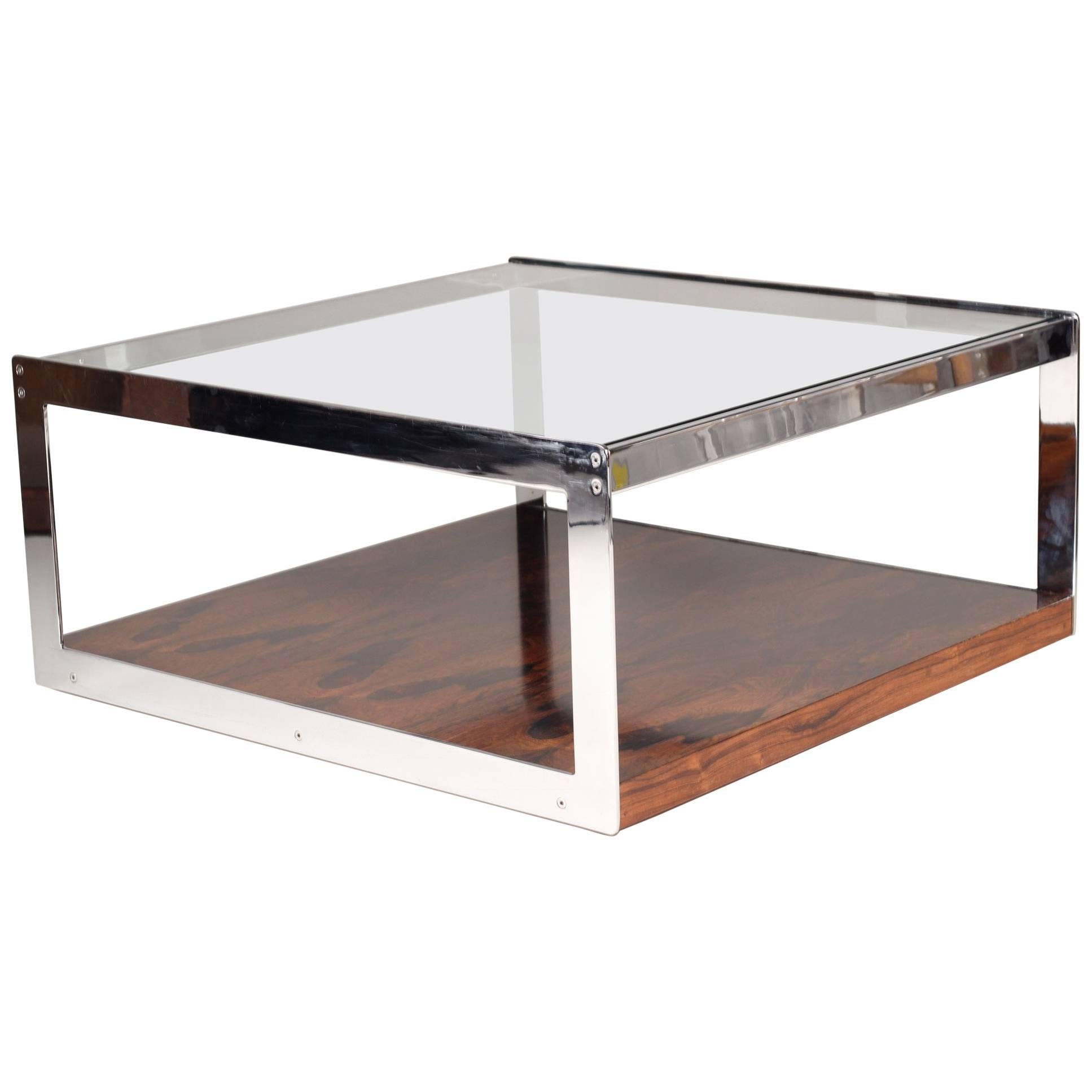 Scandinavian Modern Style Coffee Table In Chrome, Glass and Rosewood by Merrow 