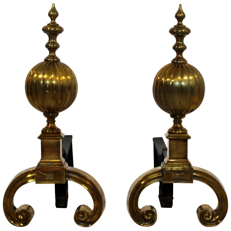 Art Deco Pair Of Solid Brass And Iron Metal Andirons Decorative Art Deco Pair Of Solid Brass And Iron Metal Andirons Decorative Fireplace Tools For