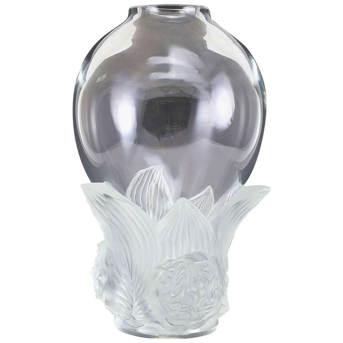 Lalique France Clear and Frosted Crystal Peonies Vase