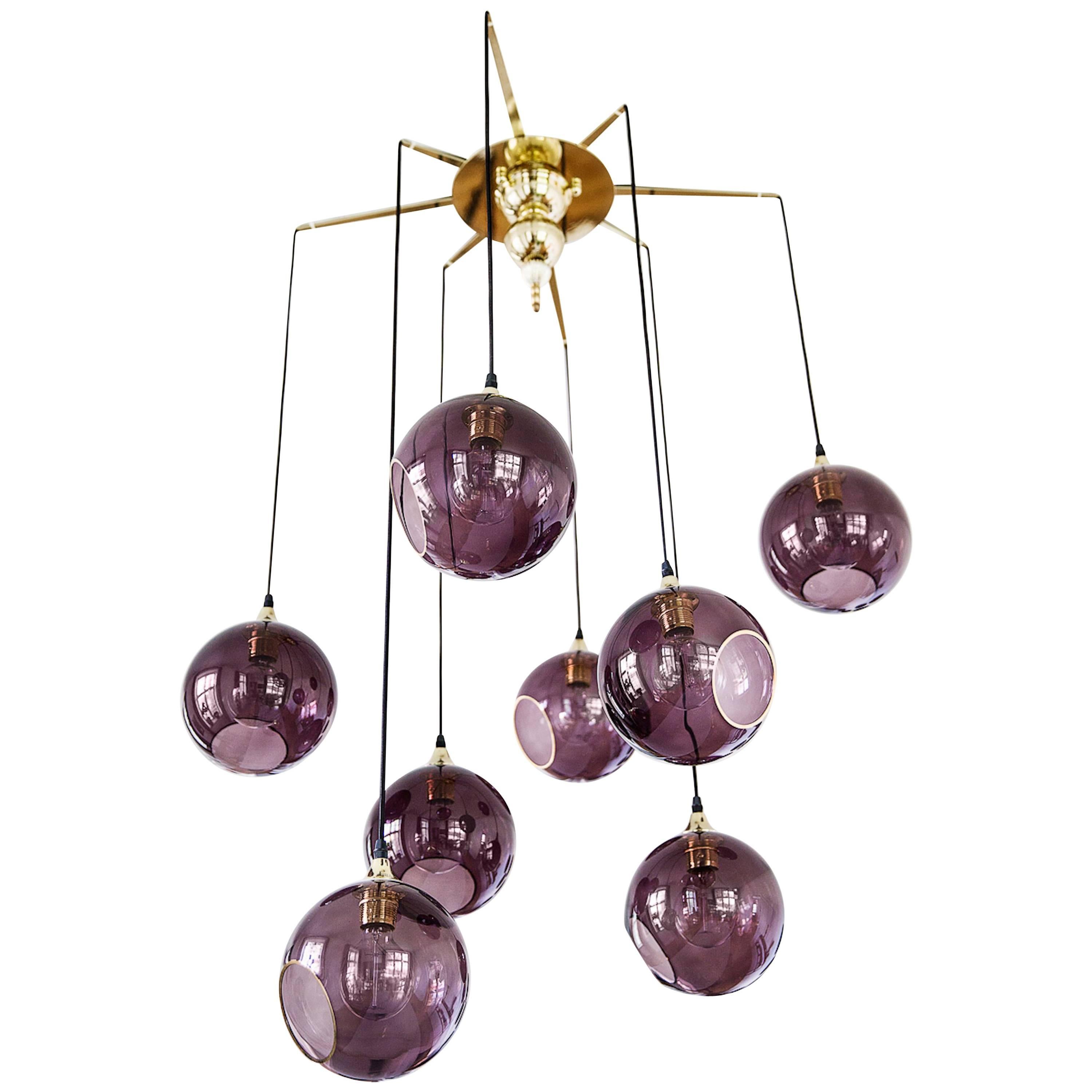 Flash Your Lamps, Brass and Colorful Glass Chandelier For Sale