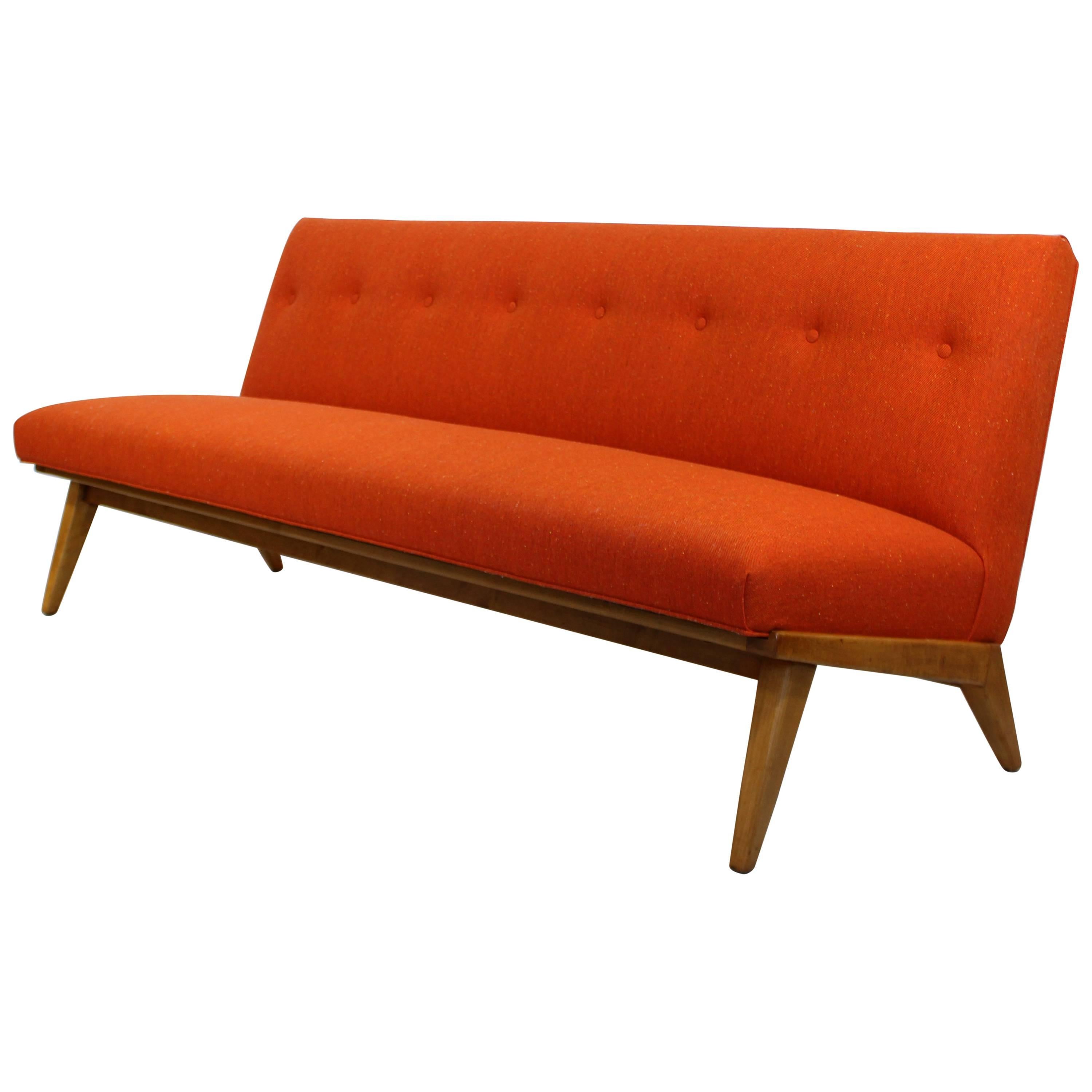 Mid-Century Modern Rare Jens Risom for Knoll Tufted Orange Fabric Sofa, 1950s
