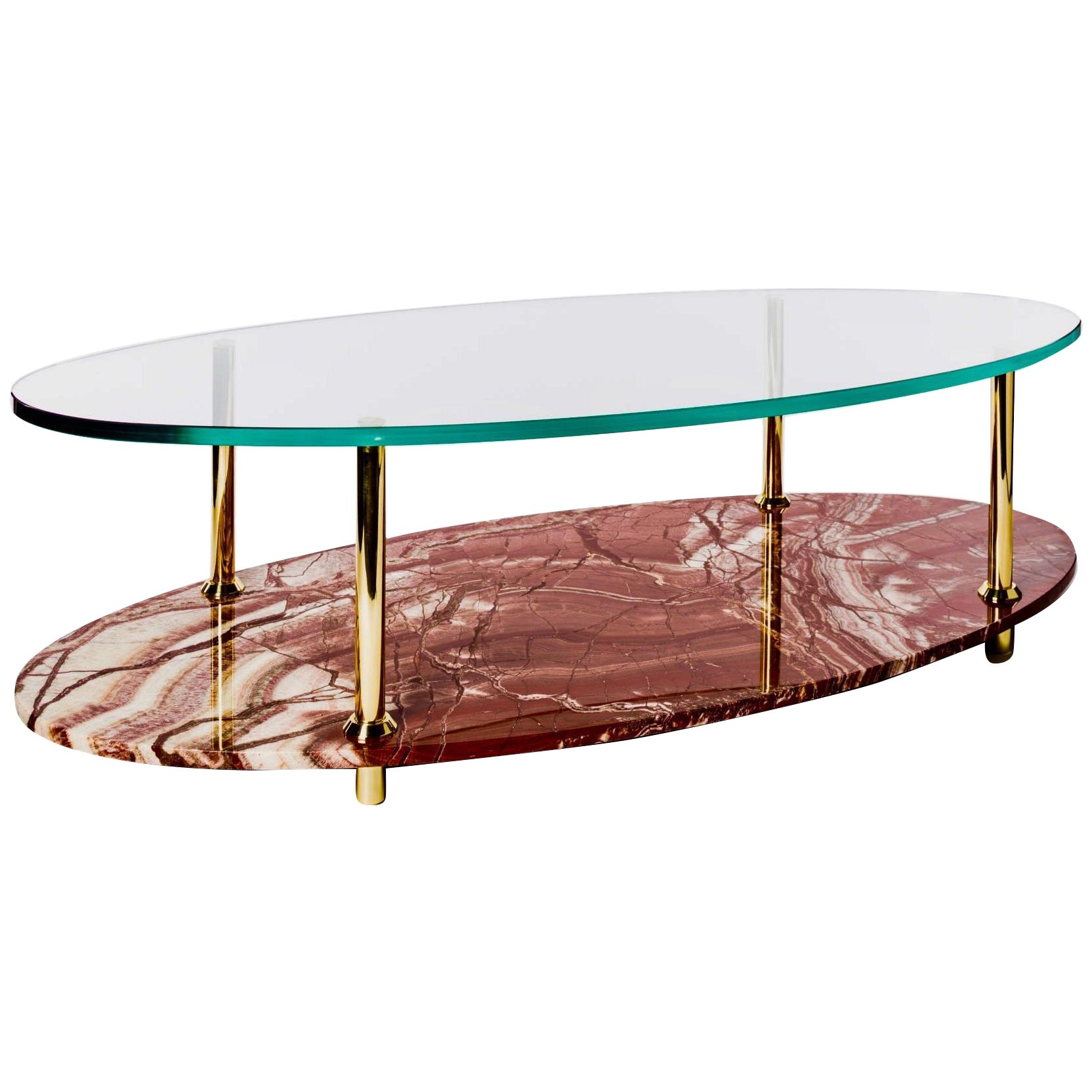 Coffee Table With Italian Marble Glass Top And Solid Brass Legs For Sale