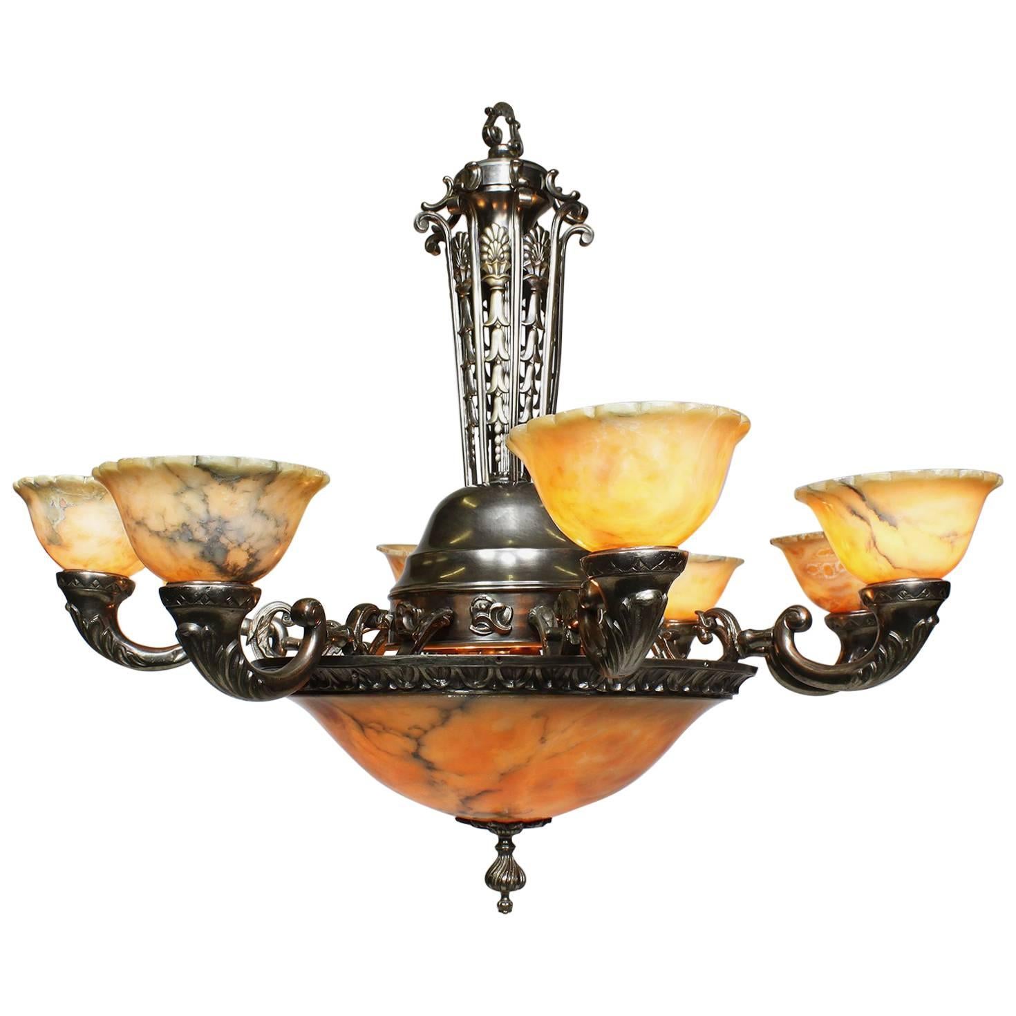 French Early 20th Century Art-Deco Silvered Bronze and Alabaster Chandelier