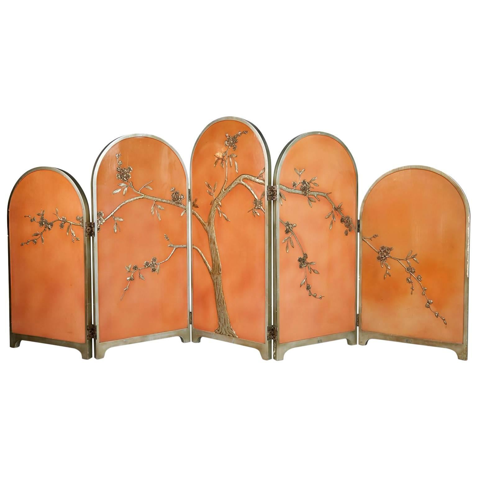 Peach Art Deco Carved Relief Floral Chinoiserie Folding Screen, circa 1920