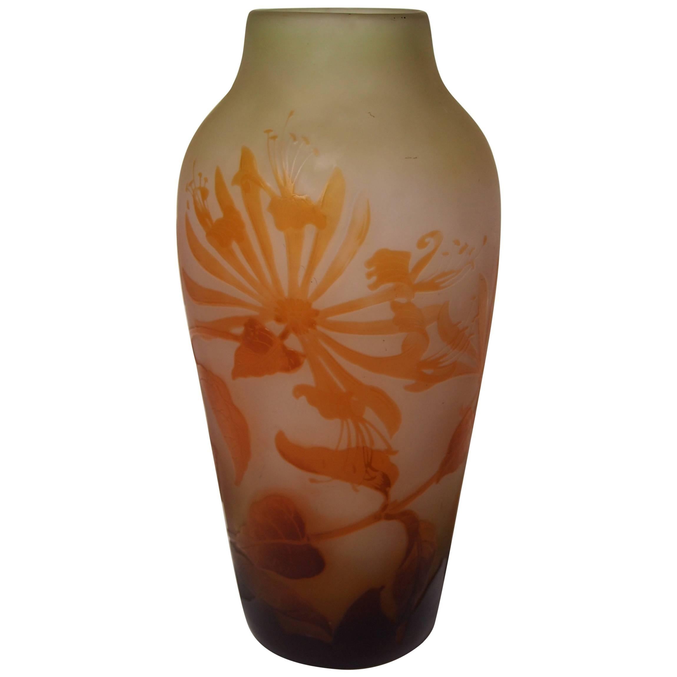 Art Nouveau Emile Galle Cameo Vase with Honeysuckle Signed, circa 1900