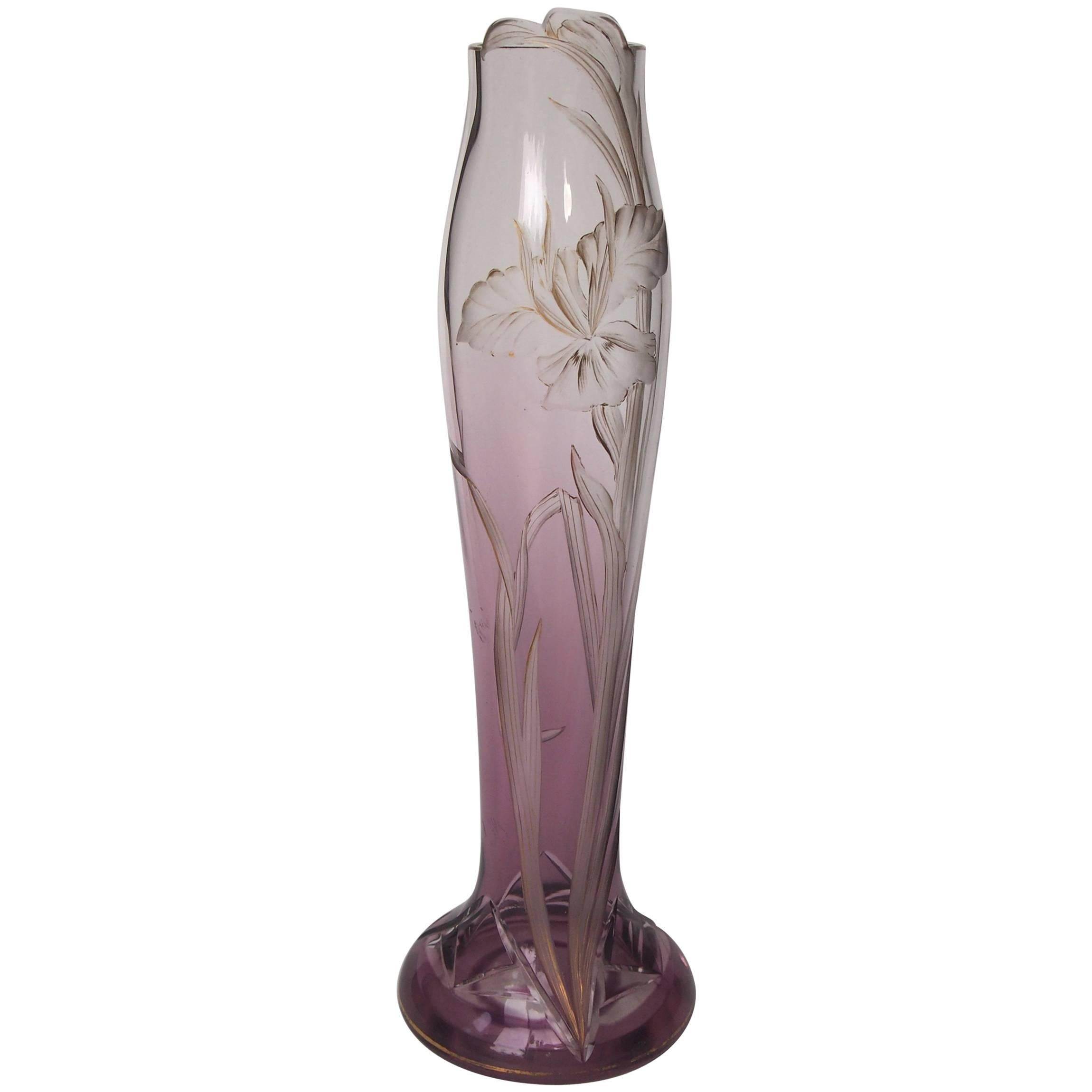 Bohemian Art Nouveau Harrach Clear to Purple Glass Lily Vase circa 1900 For Sale