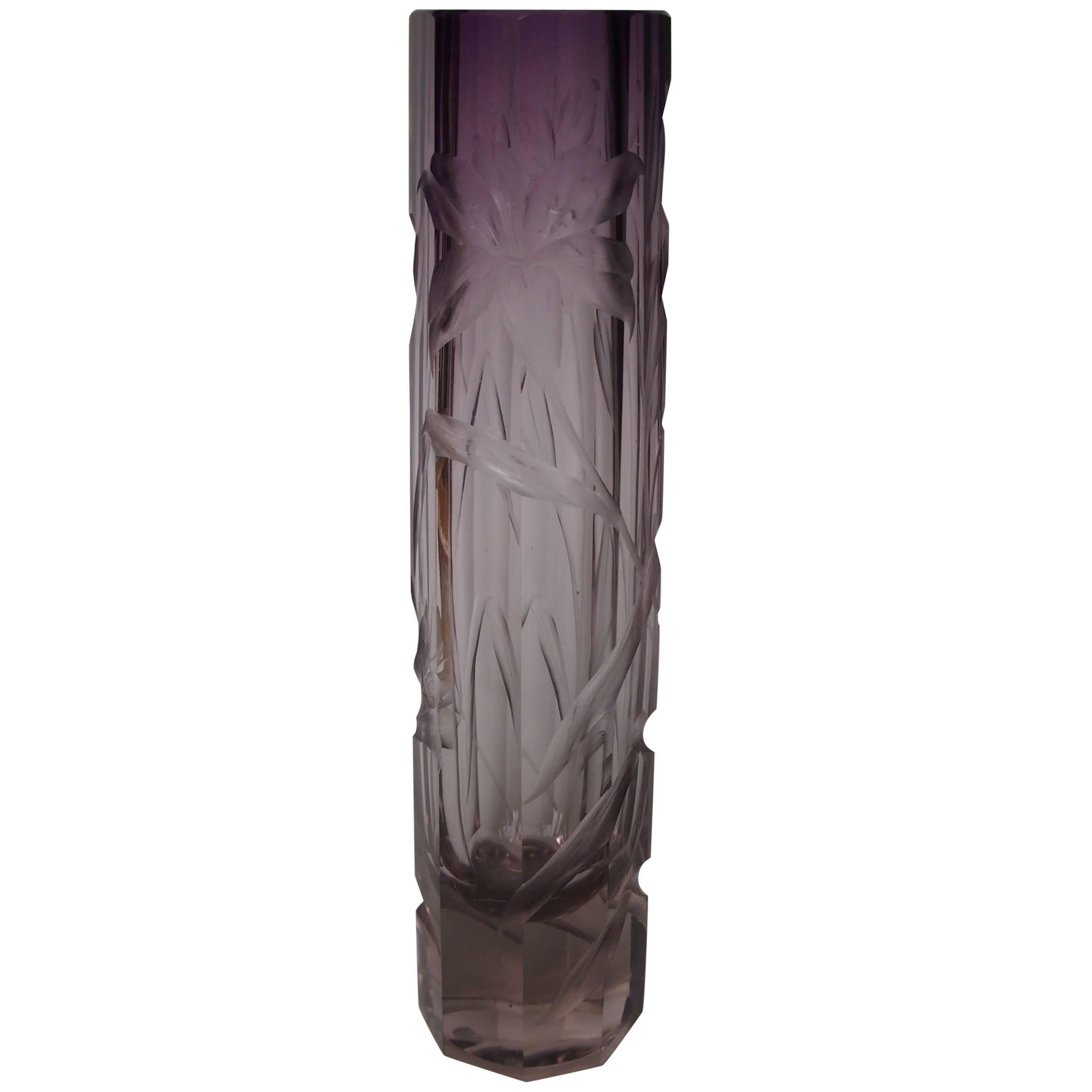 Bohemian Art Nouveau Large Moser Purple to Clear Intaglio Cut Glass Vase c1900 For Sale