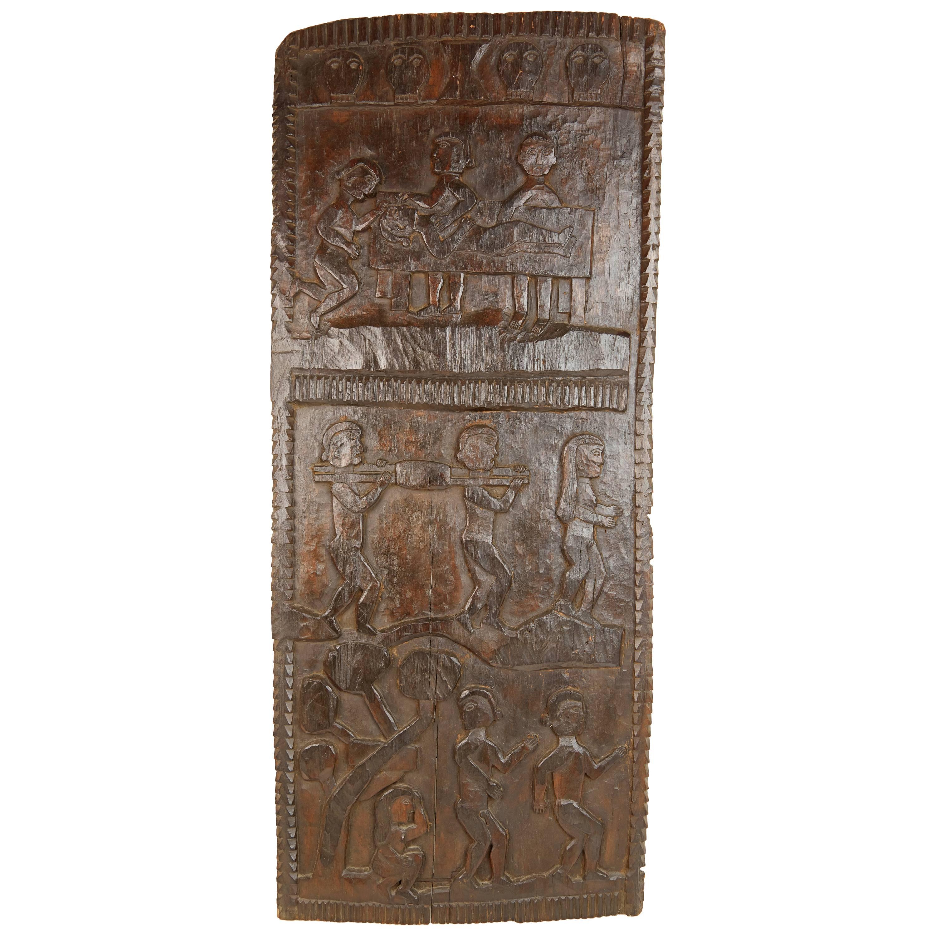 African Wooden Decorative Granary Door with Multiple Carved Motifs