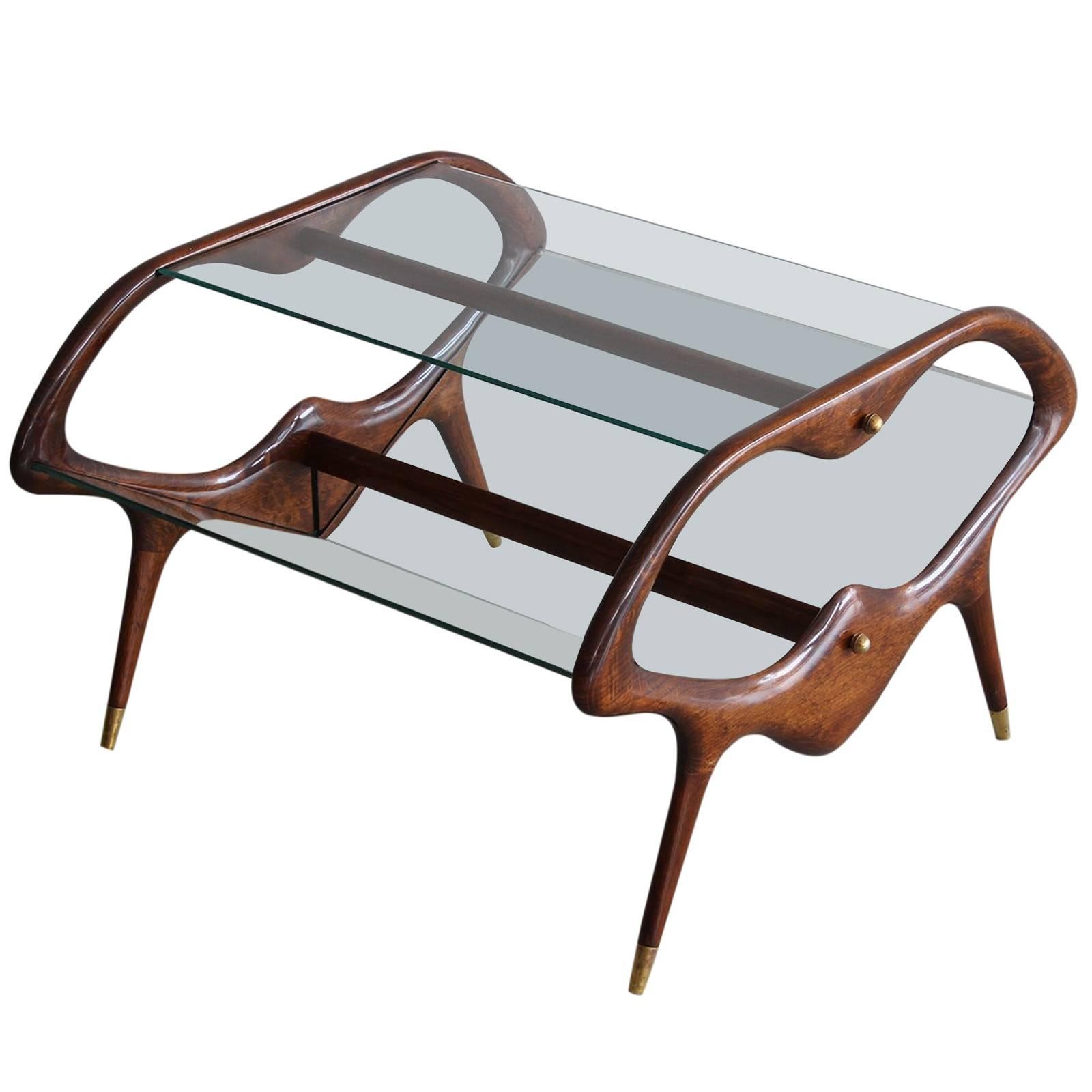 Italian Glass and Walnut Table and Magazine Stand