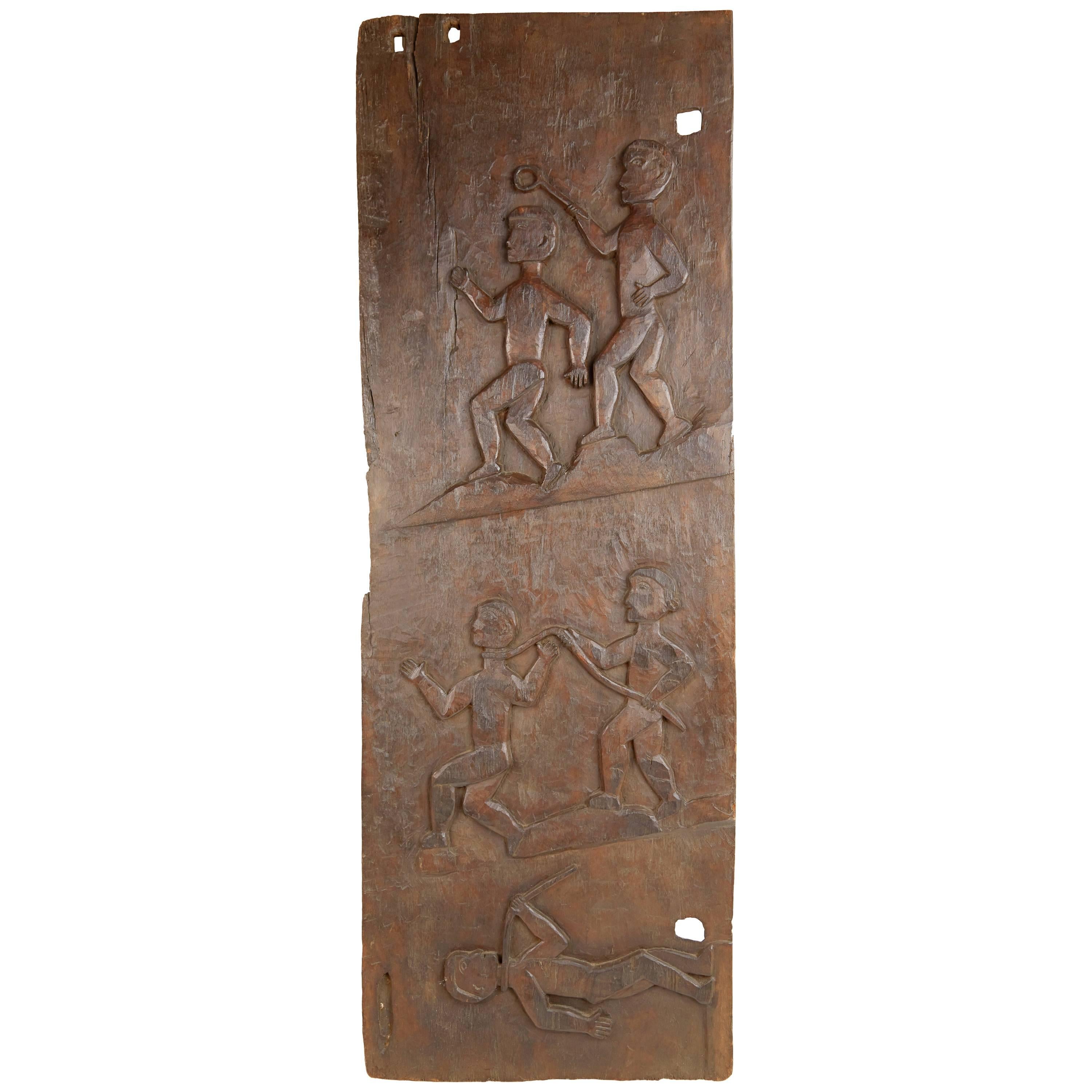African Wooden Granary Door with Carved Motifs