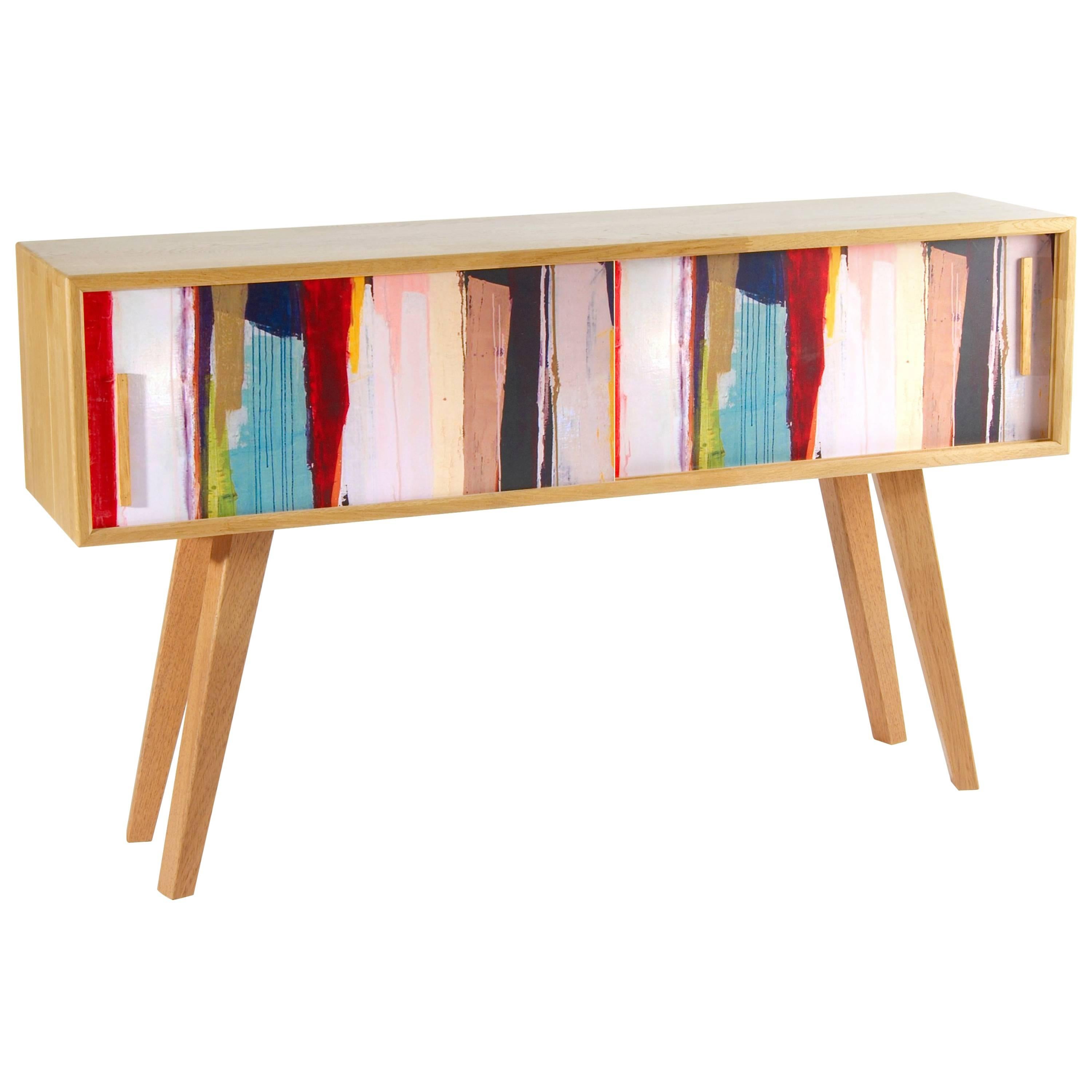 Contemporary Sideboard With Colorful Sliding Door in Solid Oak For Sale