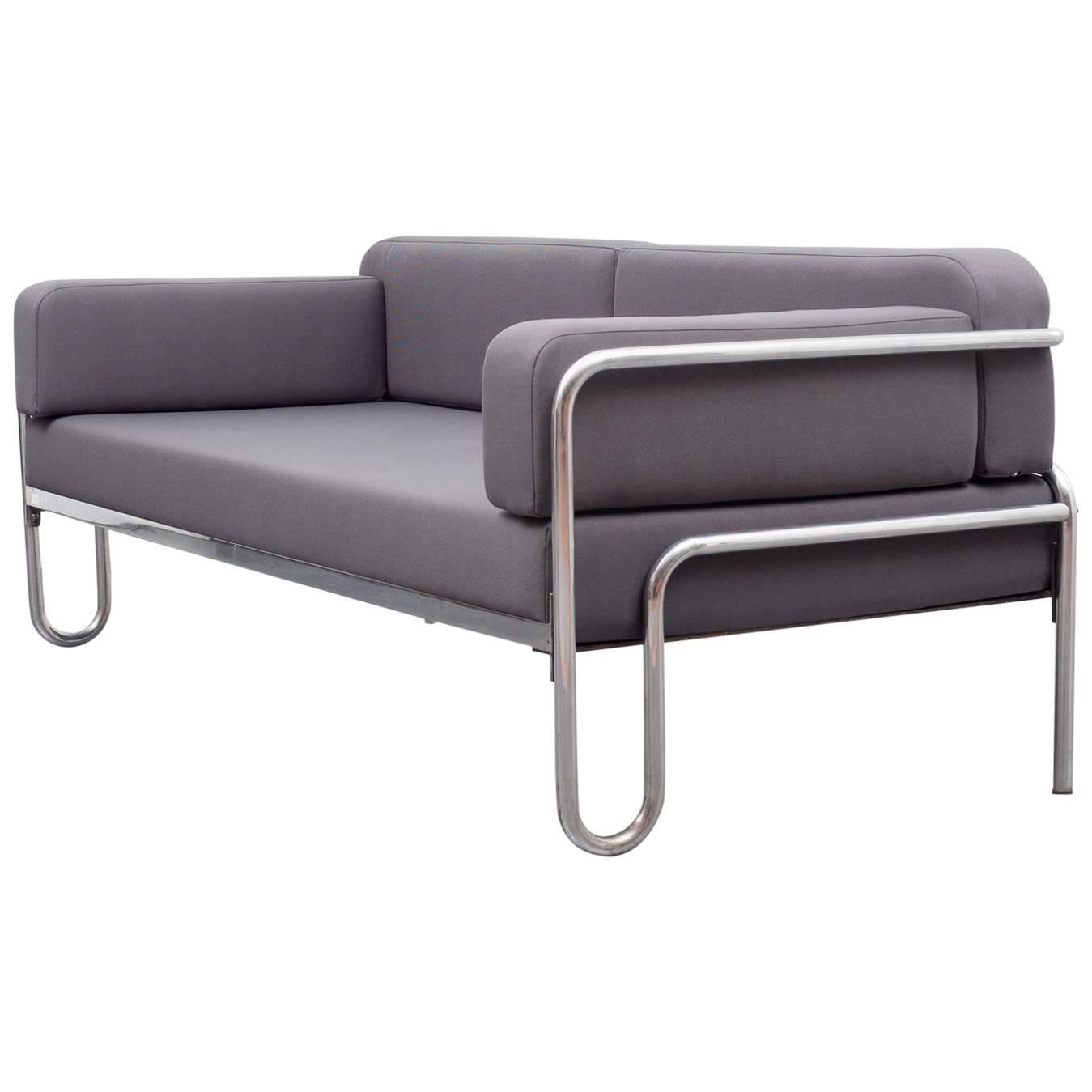 1930s Bauhaus Sofa, New Upholstery, Anthracite Fabric, Tubulair Steel Frame