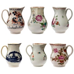 Six 18th Century Liverpool Porcelain Beak Jugs with Various Enameled Decoration