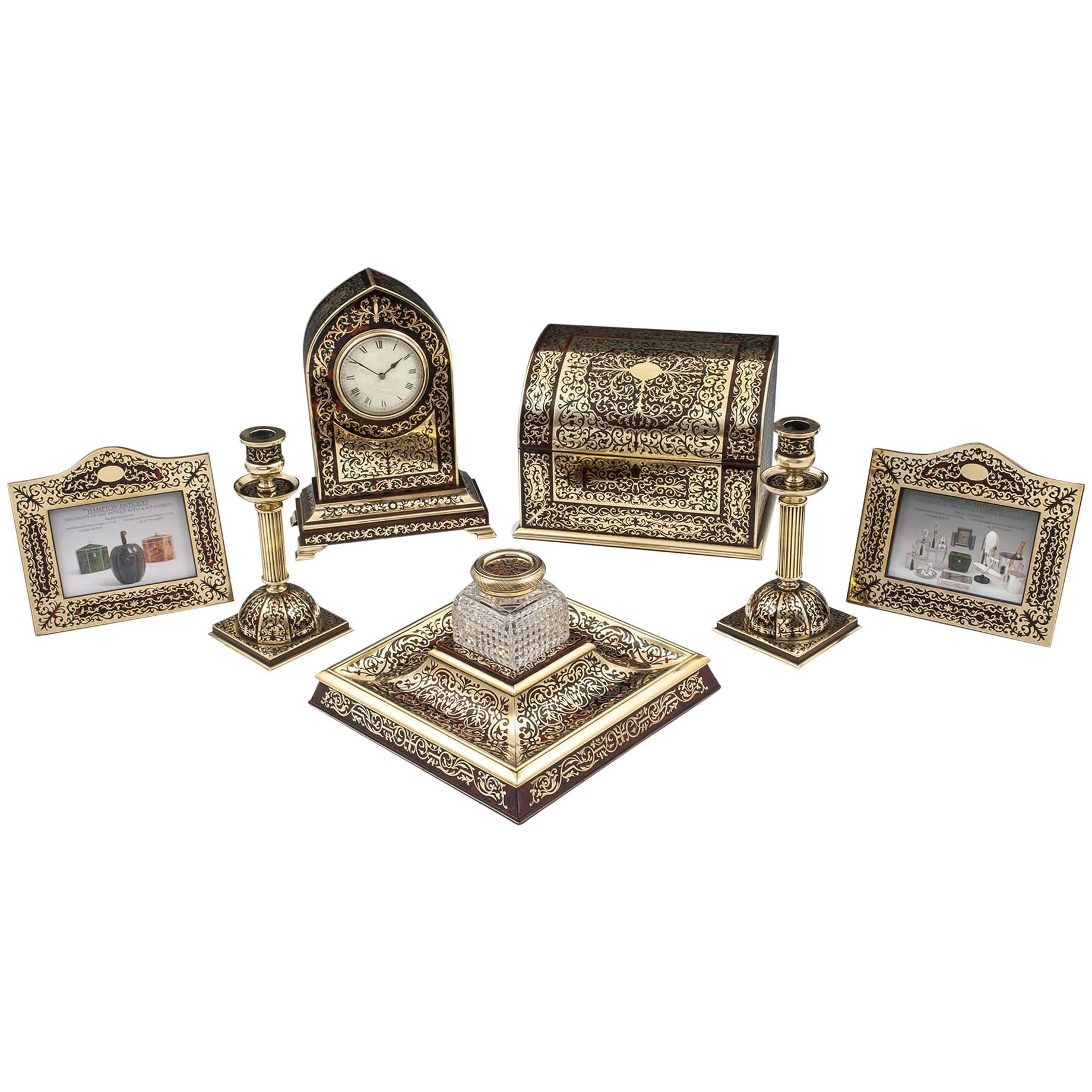 Asprey Boulle Tortoiseshell Brass Clock and Desk Set, 19th Century