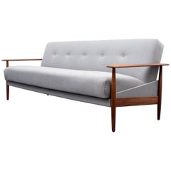 1960s Teak Sofa, Restored, Light Grey Fabric 1960s Teak Sofa, Restored, Light Grey Fabric